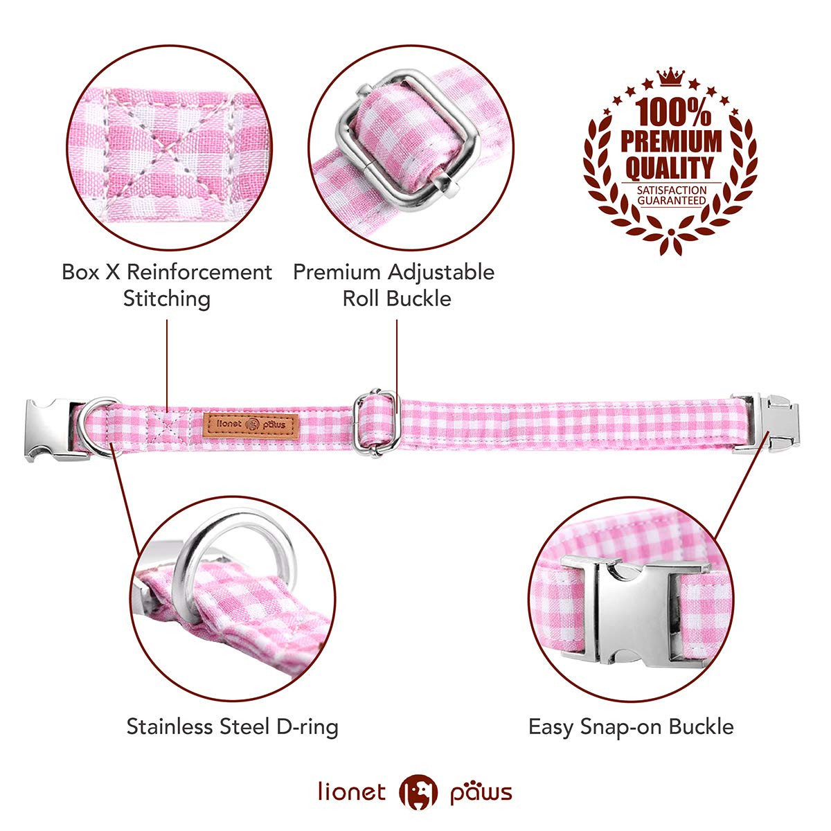 Lionet Paws Dog Collar With Bowtie, Comfortable Adjustable Cute Pink Gingham Bow Tie Collar For Female Dogs Gift, Xlarge, Neck 16-26 Inches