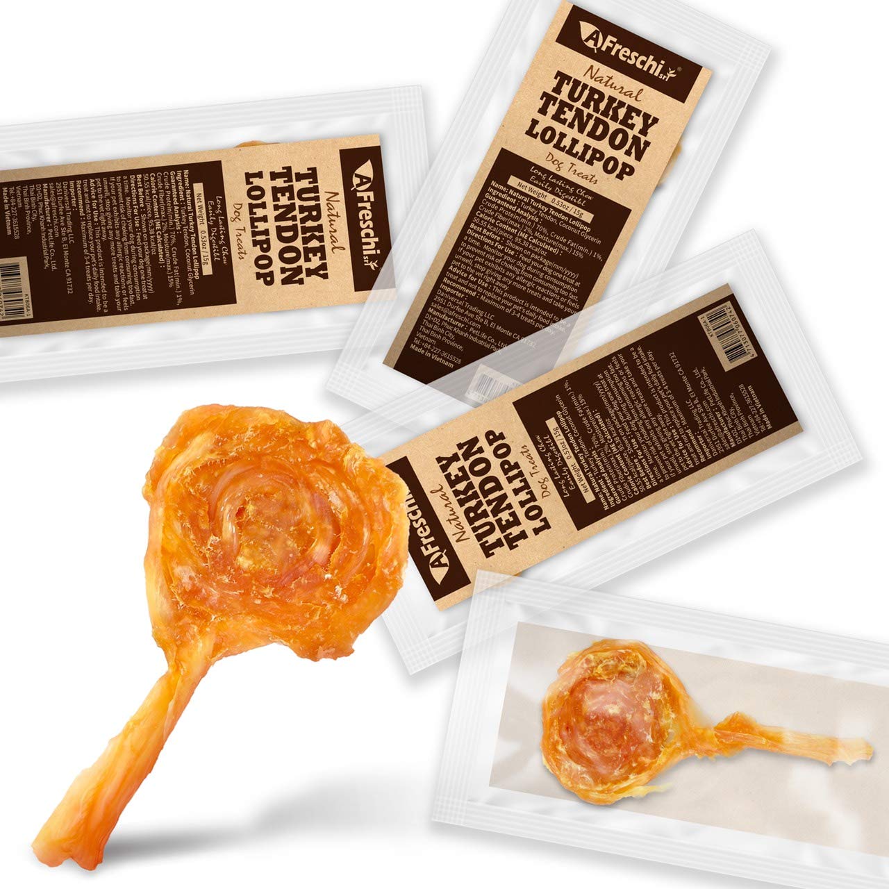 Afreschi Natural Turkey Tendon Lollipop Pack of 4, Dog Treat for Signature Series, All Natural Human Grade Puppy Chew, Turkey So