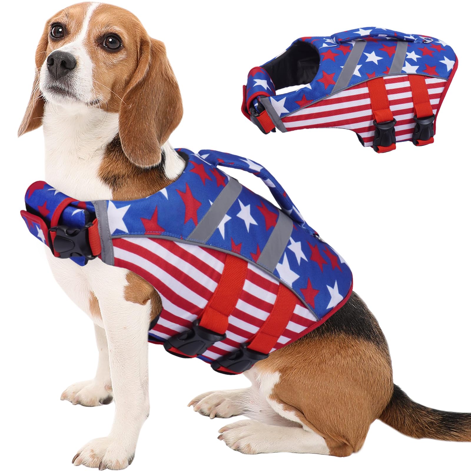 Kuoser Dog Life Jacket For Medium Dogs, American Flag Design, Red, White, Blue, Large, Reflective, Adjustable, Oxford, Nylon, Pe