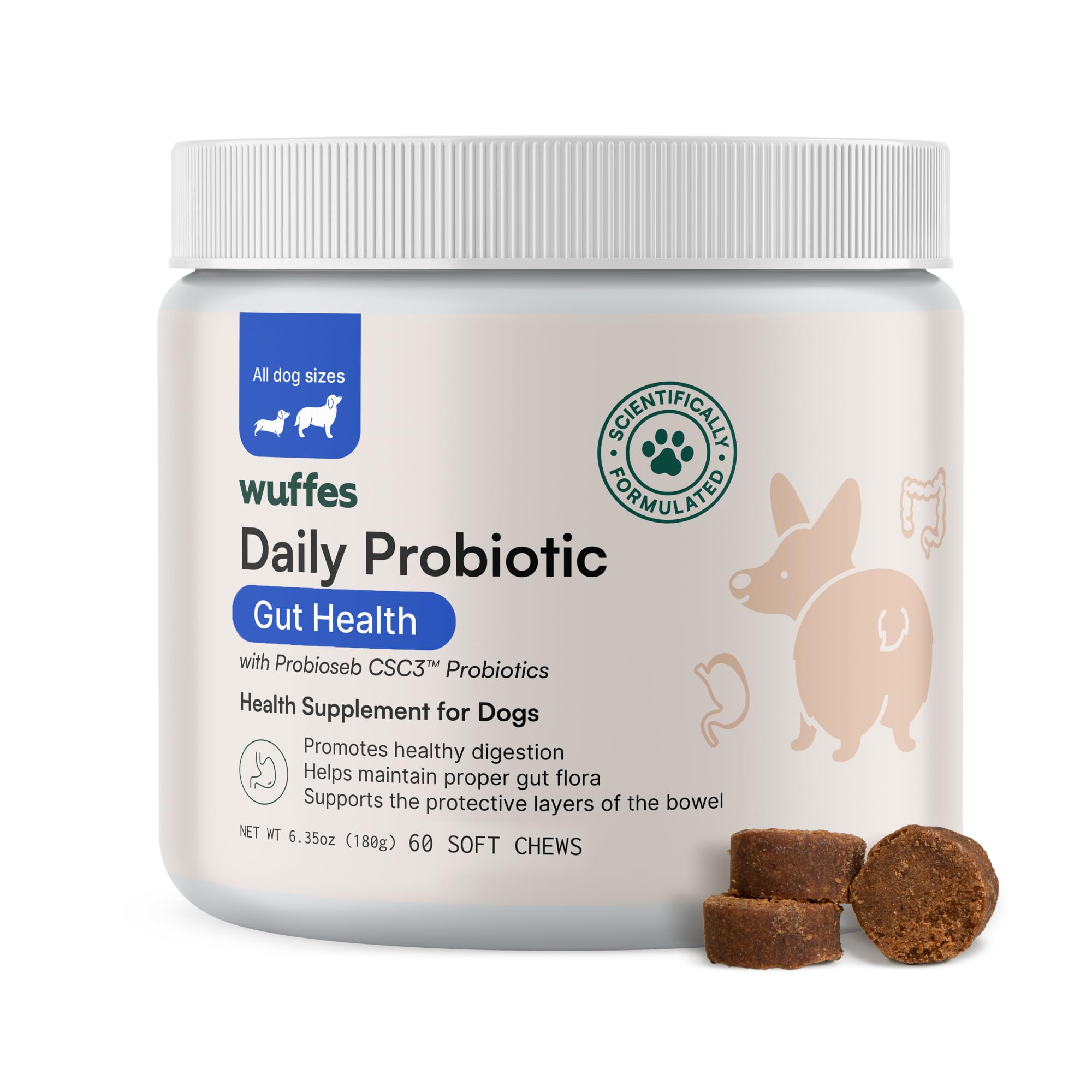 Wuffes Daily Probiotic for Dogs - Supports Digestive Health, Gut Balance, and Immune System - with Prebiotics, Marshmallow Root,
