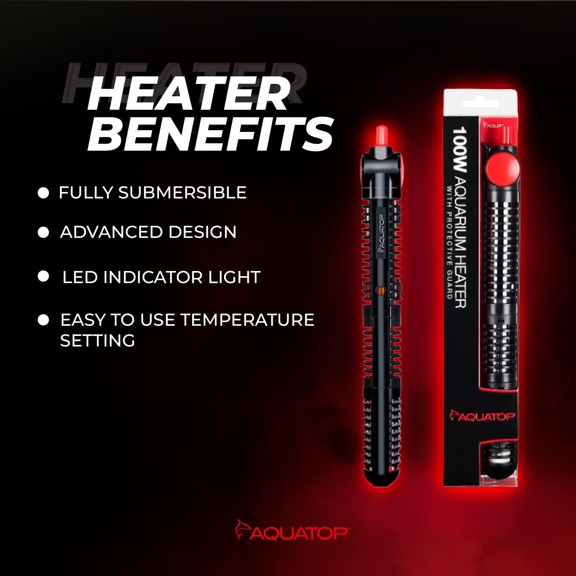 Aquatop 100W Premier Glass Heater with Guard - Submersible for Fish Tanks Up to 25 Gallons - 68-93F Adjustable Temp - Fresh & Sa