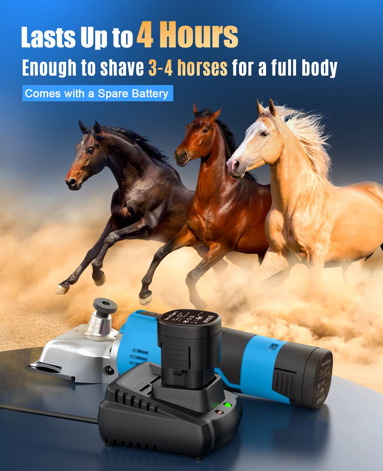 oneisall Cordless Horse Clippers, Model 2601, Heavy Duty Grooming Kit with 2 Batteries, Detachable Stainless Steel Blade, Blue