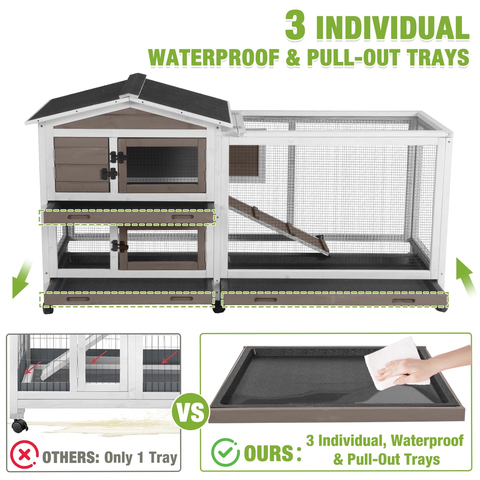 Gutinneen Rabbit Hutch Indoor With Chew-Proof Ramp, 62'' L Wooden Rabbit Cage With 6 Casters, Bunny Cage With 2 Trays And 2 Stor