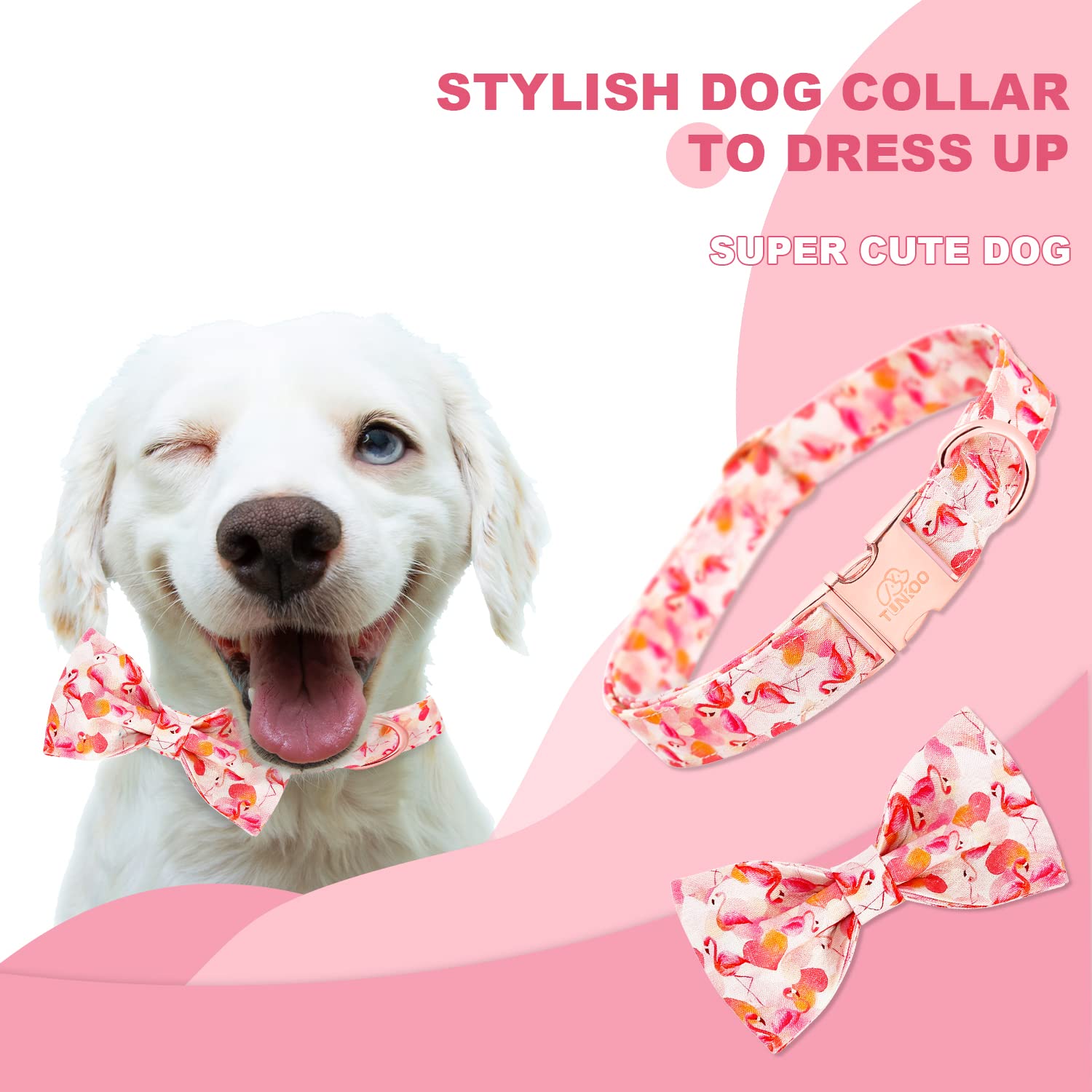 Tunkoo Super Cute Dog Collar With Bow Tie Pink Flamingo Heart - Durable, Adjustable, And Stylish Pet Collar Available In Small M