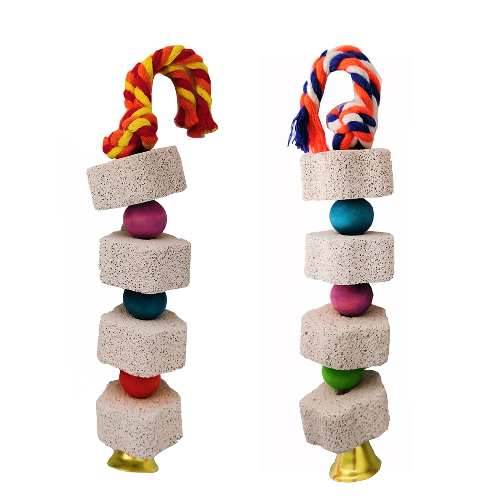 Ismeally 2Pcs Pet Bird Chew Toy Lava Stone Parrot Chewing Toy Beak Trimmer Calcium Stone With Bell For Hamster Chinchilla Rabbit