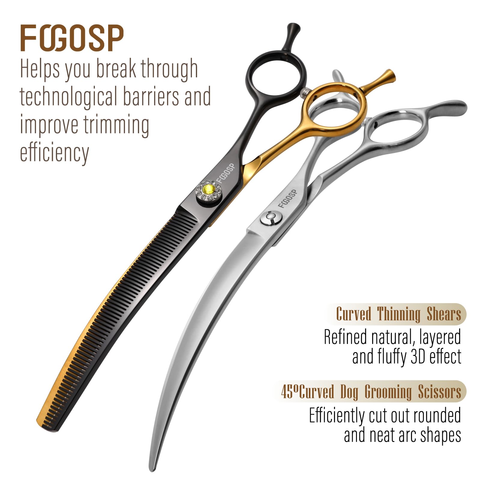 Fogosp 45Curved Dog Grooming Scissors Curved Thinning Shears 2Pcs Combo(Black&Gold)