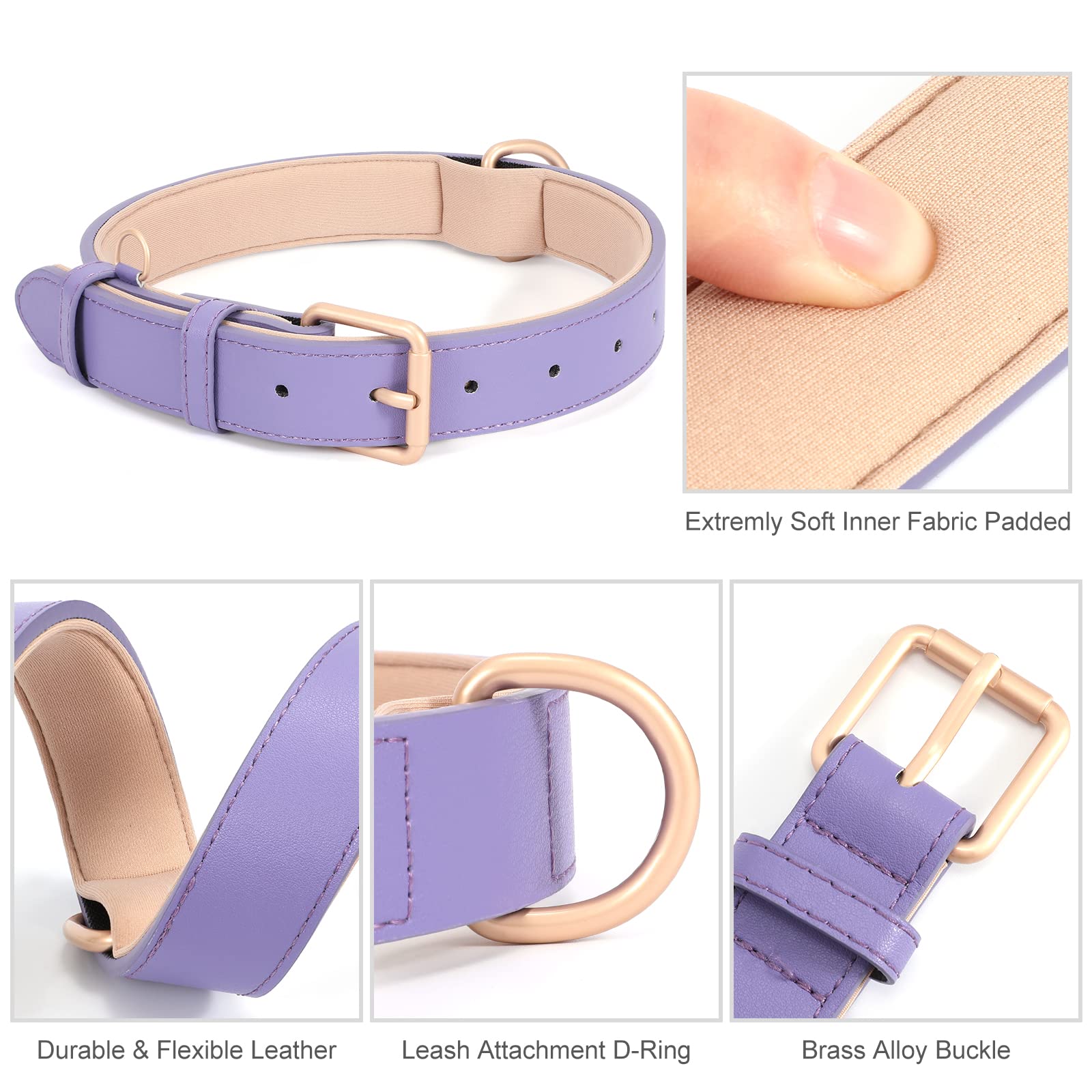 WHIPPY Leather Dog Collar - Adjustable, Soft, Waterproof, M (Neck 16"-20"), D-purple