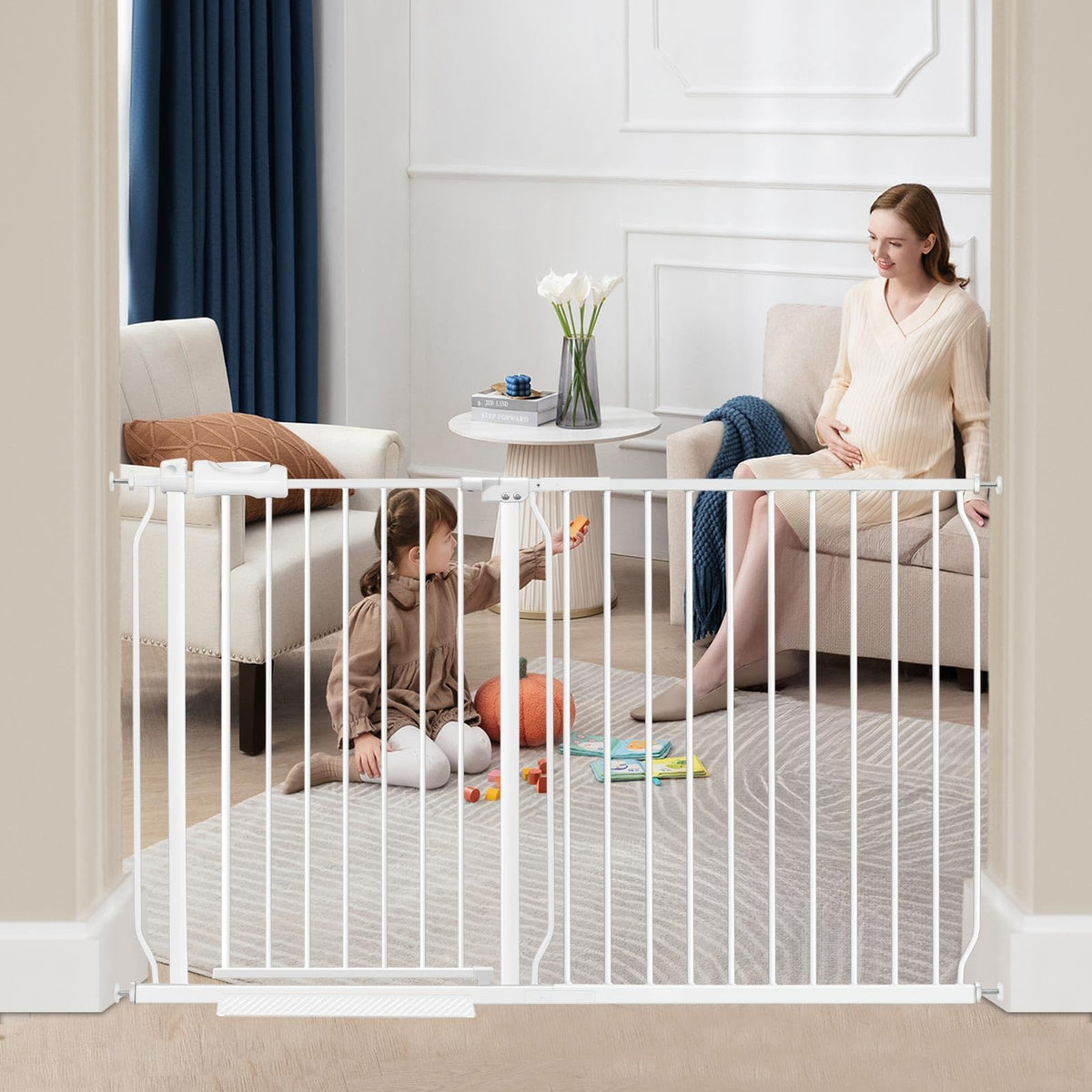 Cosend Extra Wide Baby Gate Tension Indoor Safety Gates White Metal Large Pressure Mounted Pet Gate Walk Through Long Safety Dog Gate For The House Doorways Stairs (57.48'-62.2'/146-158Cm, White)