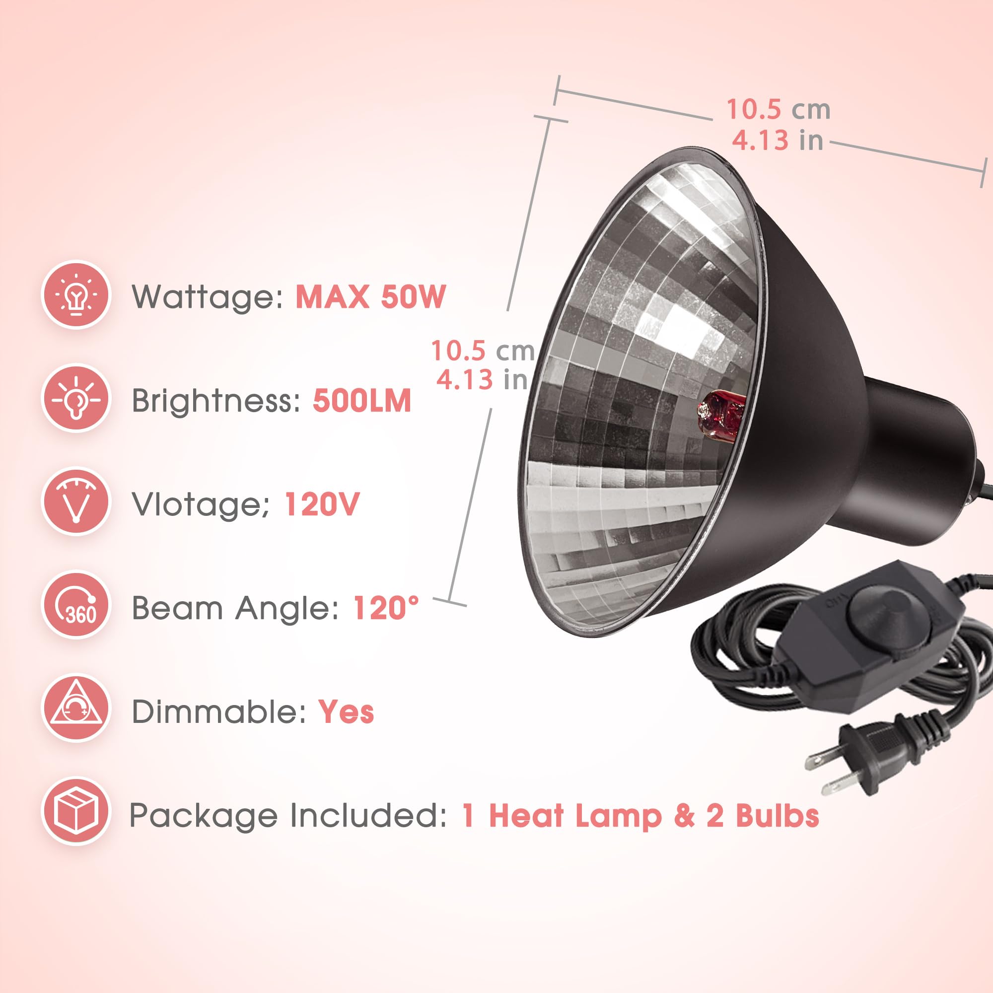 Briignite Reptile Heat Lamp Red, Reptile Night Lamp 50W, G9 Heat Bulb & Dome Reptile Light Fixture, Aluminum Reflector, Dimmable