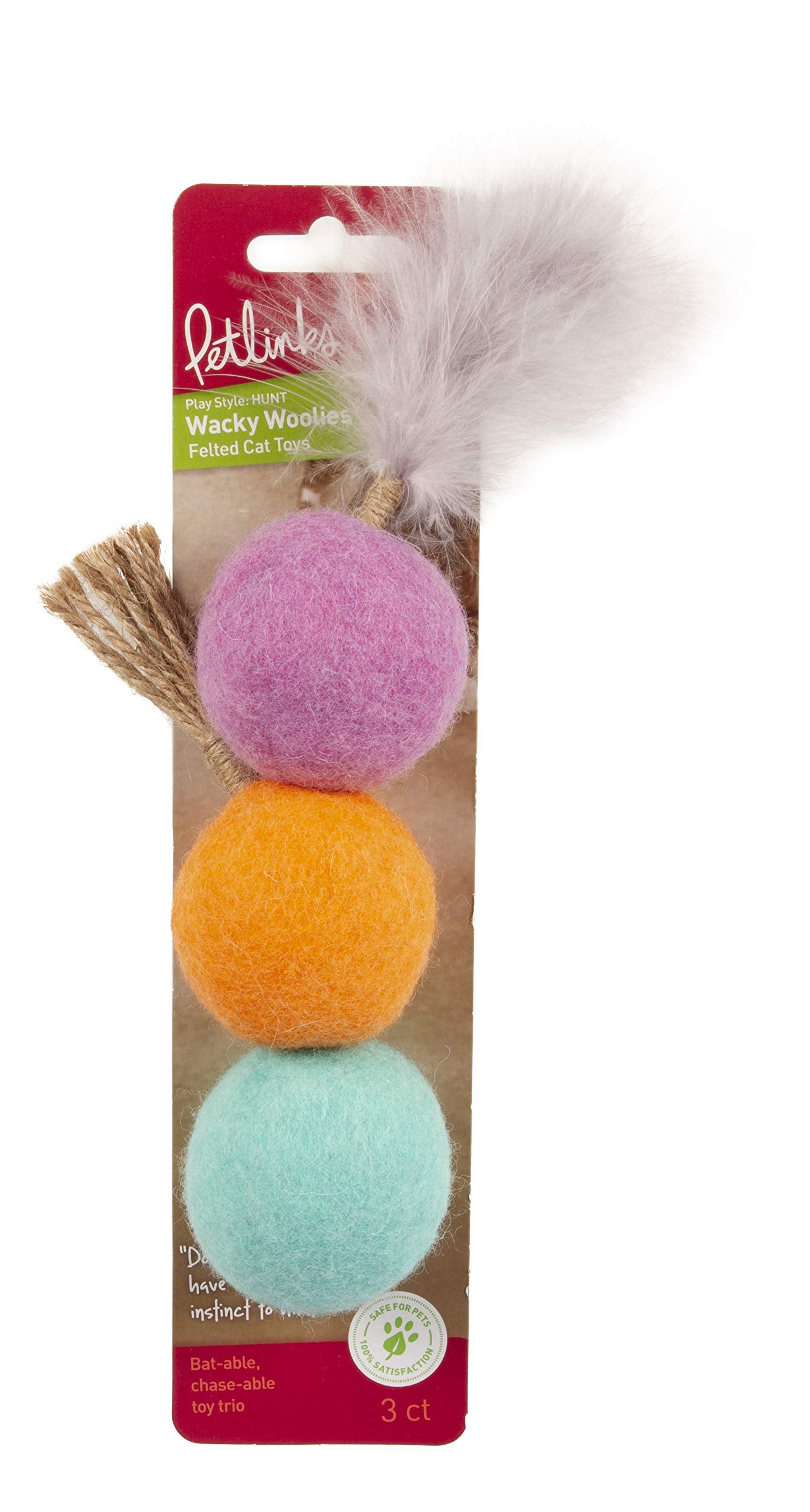 Petlinks (3 Count) Wacky Woolies Felt Ball Cat Toys - Pink/Orange/Blue, 3 Count