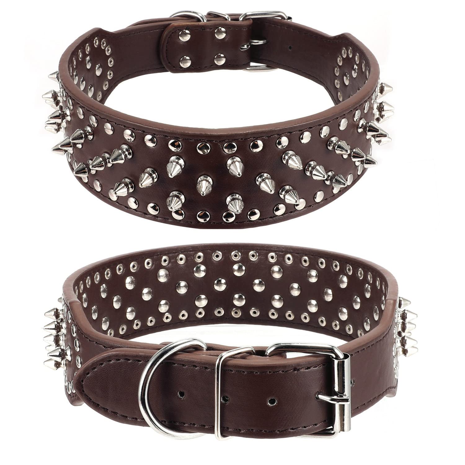 Hoot Pu Leather Adjustable Spiked Studded Dog Collar 2 Wide 31 Spikes (S(Neck 17-20), Dark Brown)