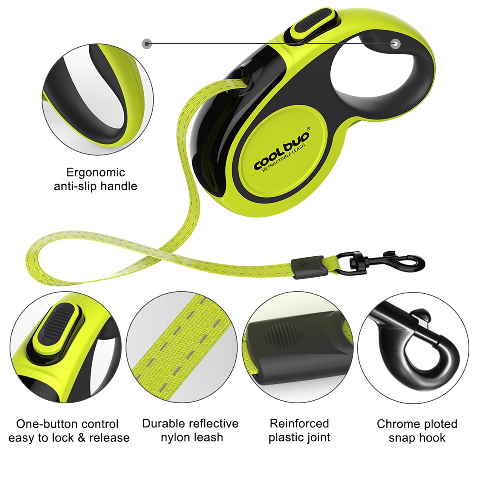 360° Tangle-Free, Heavy Duty Retractable Dog Leash With Anti-Slip Handle; 16 Ft Reflective Strong Nylon Tape; For Large Dog Or Cat Up To 110 Lbs; One-Handed Brake, Pause, Lock (Green, Large)