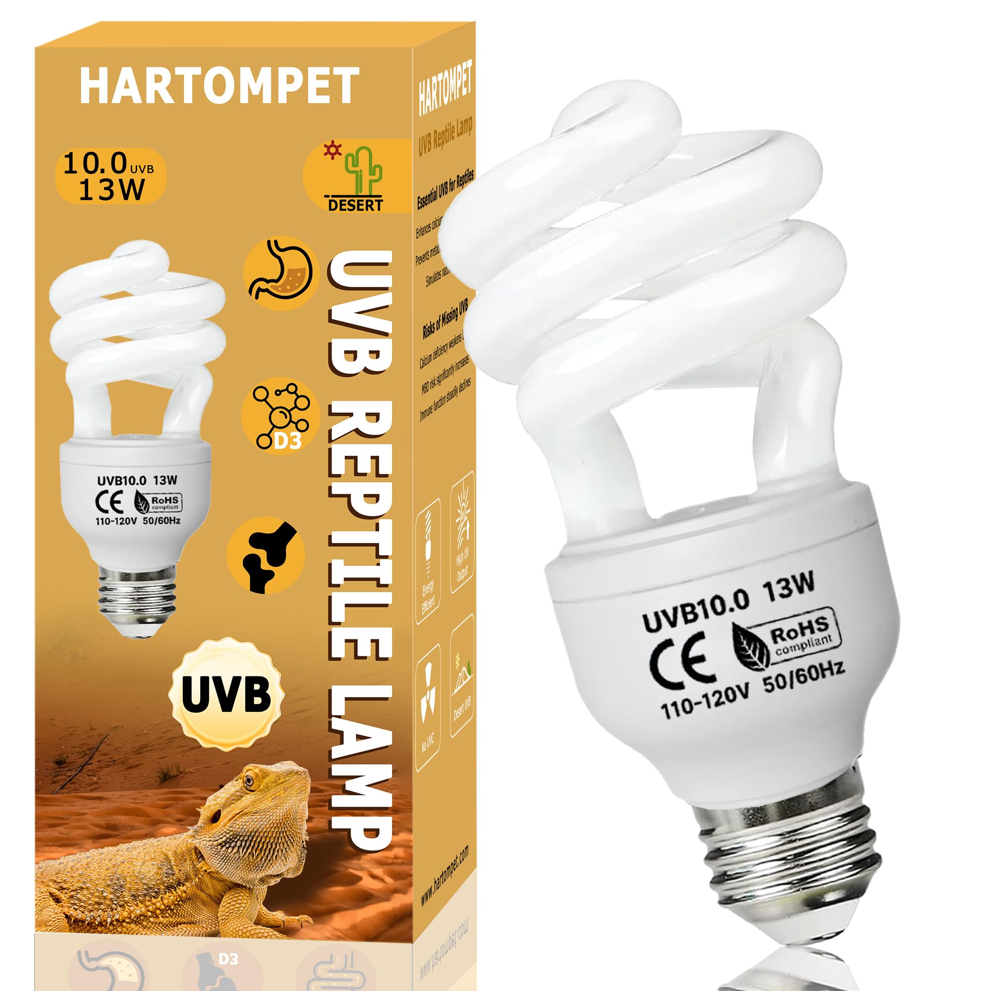 Hartompet Uvb 105.0 Reptile Light 13W, Compact Fluorescent Lamp,Coil Uvb Desert Bulb-Lighting For Bearded Dragons, Lizards, Tort