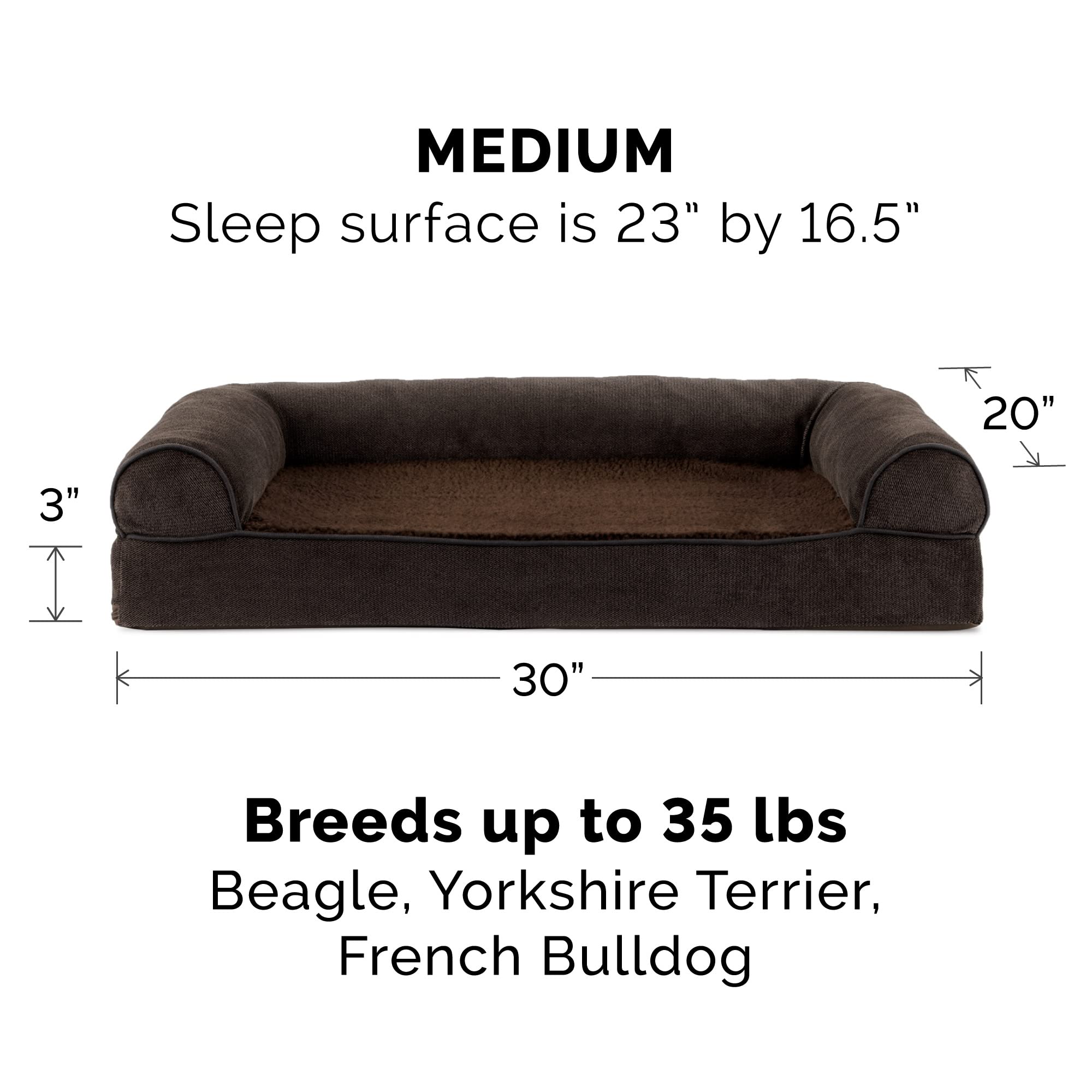 Furhaven Orthopedic Dog Bed For Medium/Small Dogs W/ Removable Bolsters & Washable Cover, For Dogs Up To 35 Lbs - Sherpa & Chenille Sofa - Coffee, Medium
