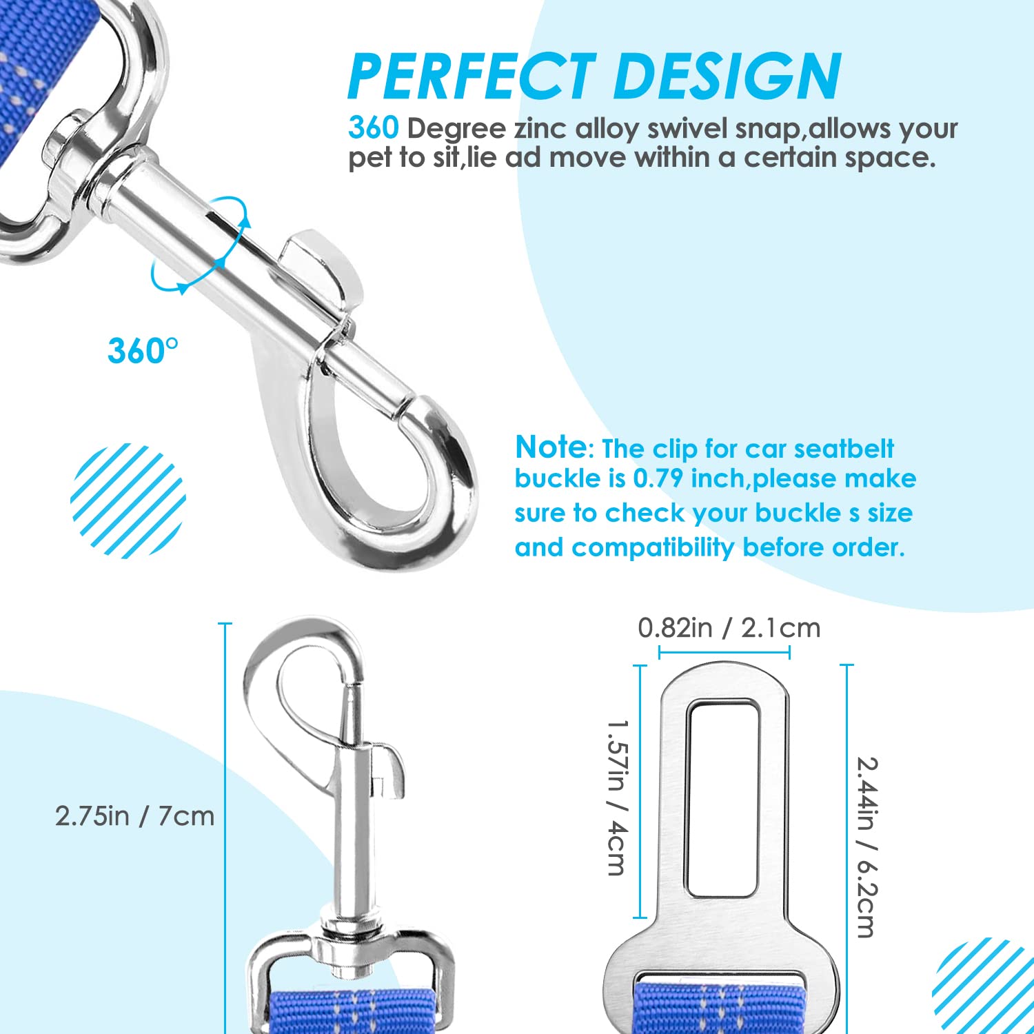 Slowton Dog Seat Belt, Double Dog Seatbelt Adjustable Vehicle Safety Leash With Elastic Bungee Buffer, Reflective No Tangle Y Shape Two Dog Harness Seat Belt Splitter For Pets Car Trip (Light Blue, S)