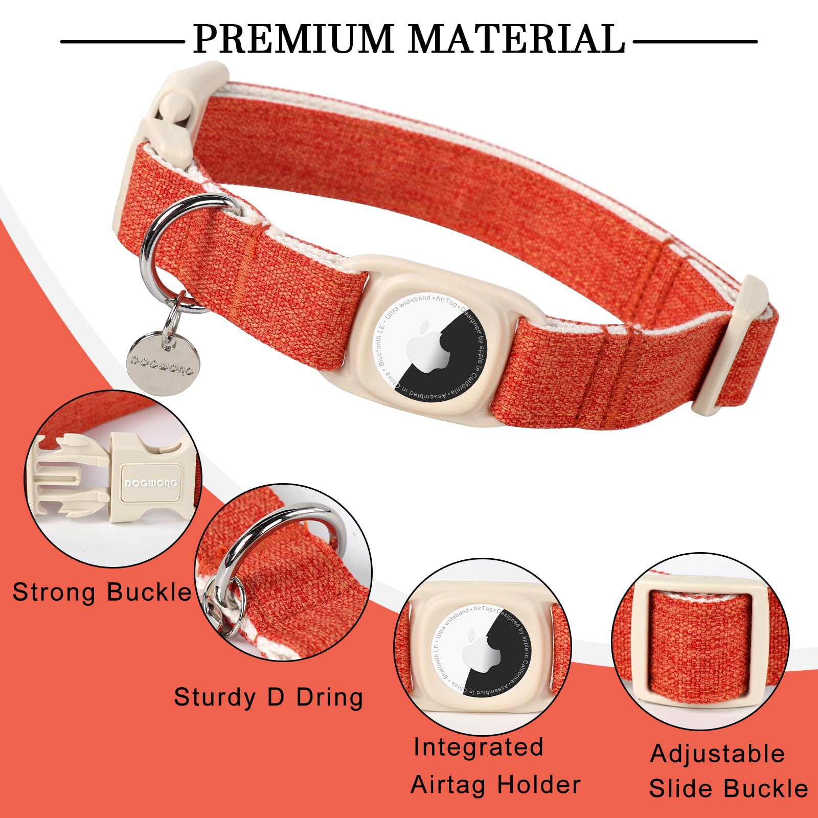 Dogwong Airtag Cotton Hemp Dog Collar, Heavy-Duty Dog Collar With Airtag Holder Fall Orange Natural Fabric Pet Dog Collar Cute P