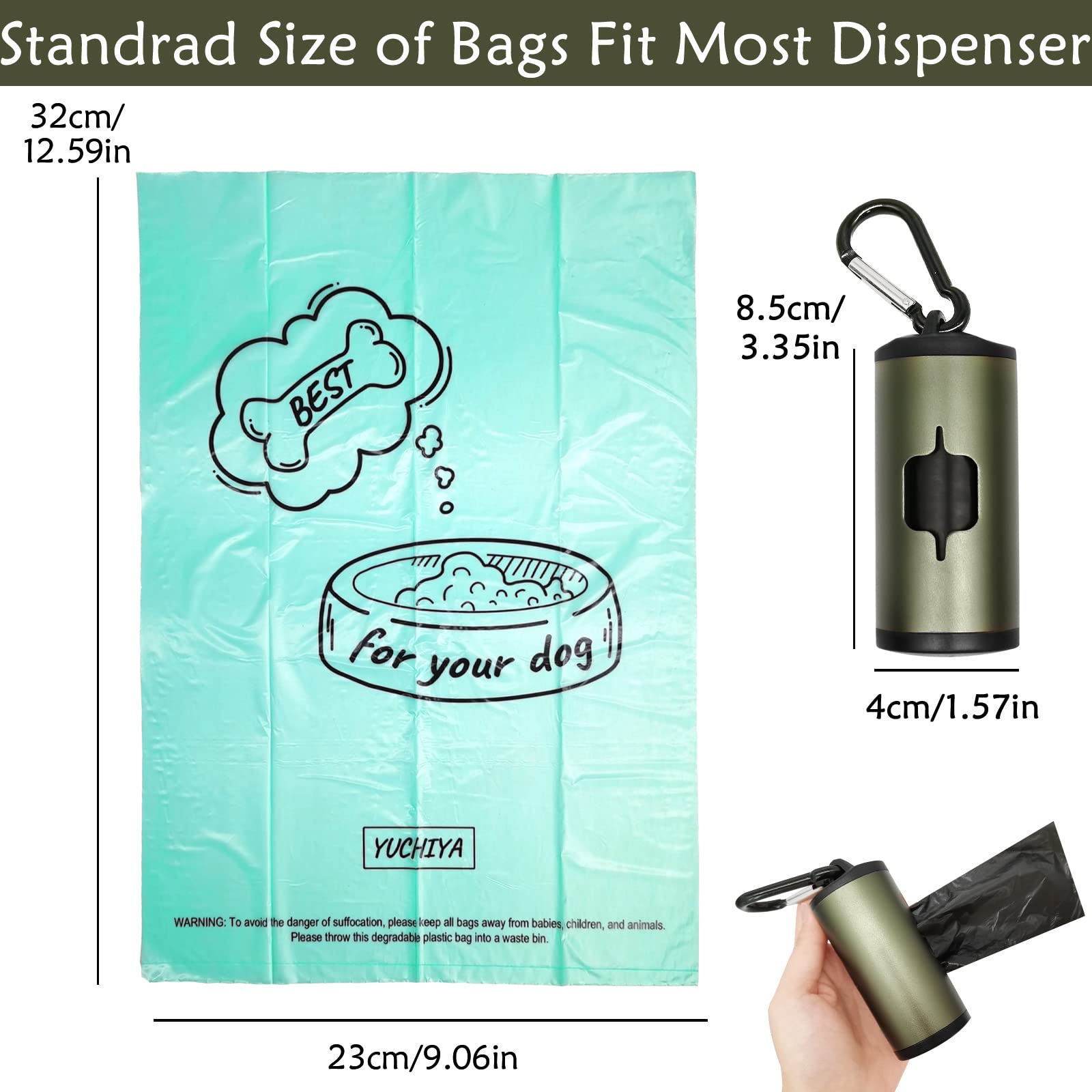 Yuchiya Aluminum Dog Poop Bags Holder With Carabiner Metal Pet Waste Bags Dispenser With Hook And Loop Fastener And Elastic Cord To Carry Used Bags(Olive Green, 1 Holder 195 Bags)