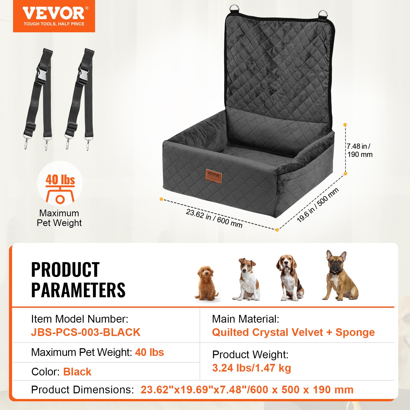 Vevor Dog Booster Car Seat Pet Car Seat For Small Medium Dog Up To 40 Lbs Black