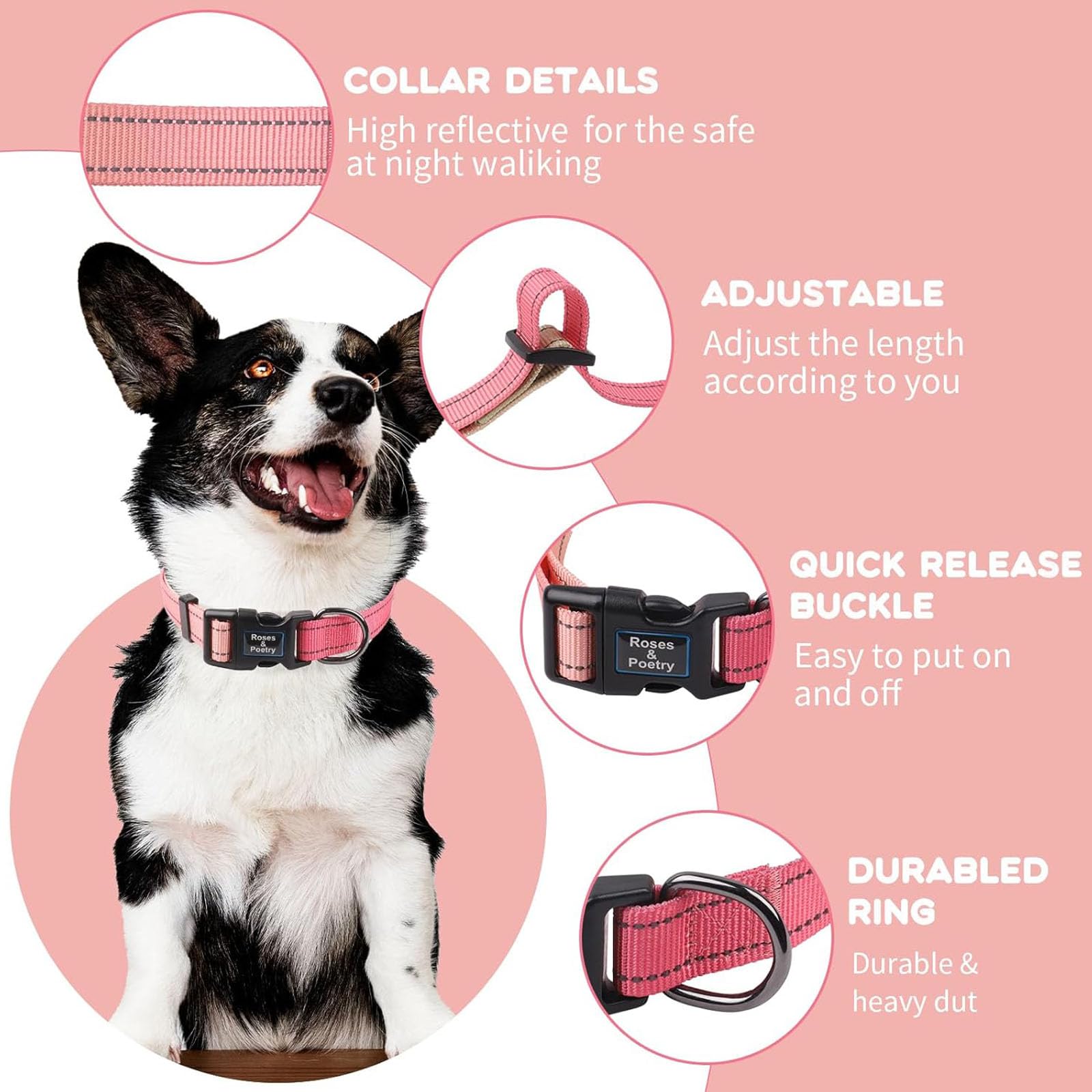 Roses&Poetry Small Dog Collar Girl Reflective With Pink Gradient Color, Adjustable Pink Puppy Collar Tiny For Small Medium Large