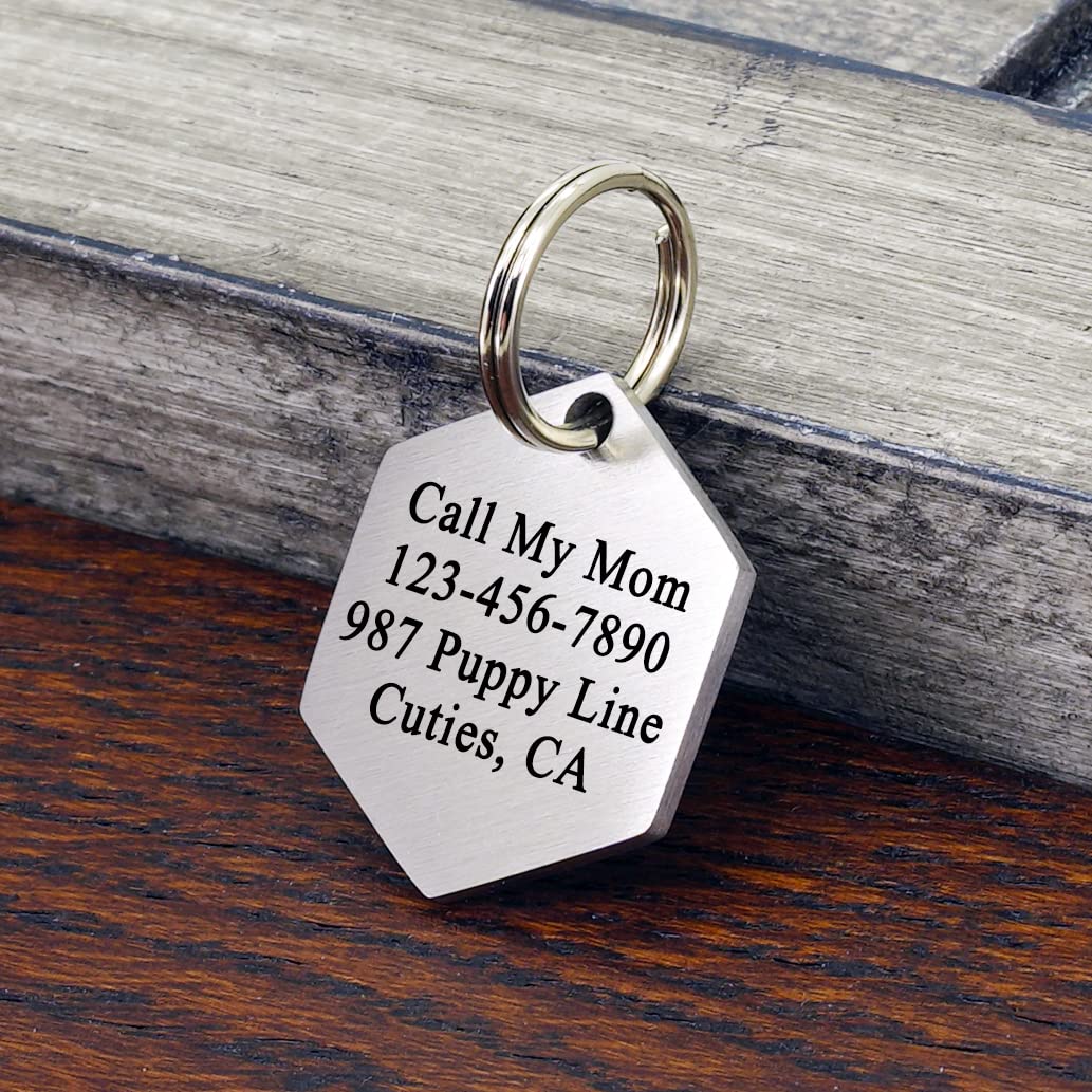Ultra Joys Dog Id Tag, Custom Dog Tag, Personalized Dog Tag, Dog Tag, Pet Id Tag, Dog Tag For Dogs, Brushed Stainless Steel Hexagon Dog Tag Silver Large