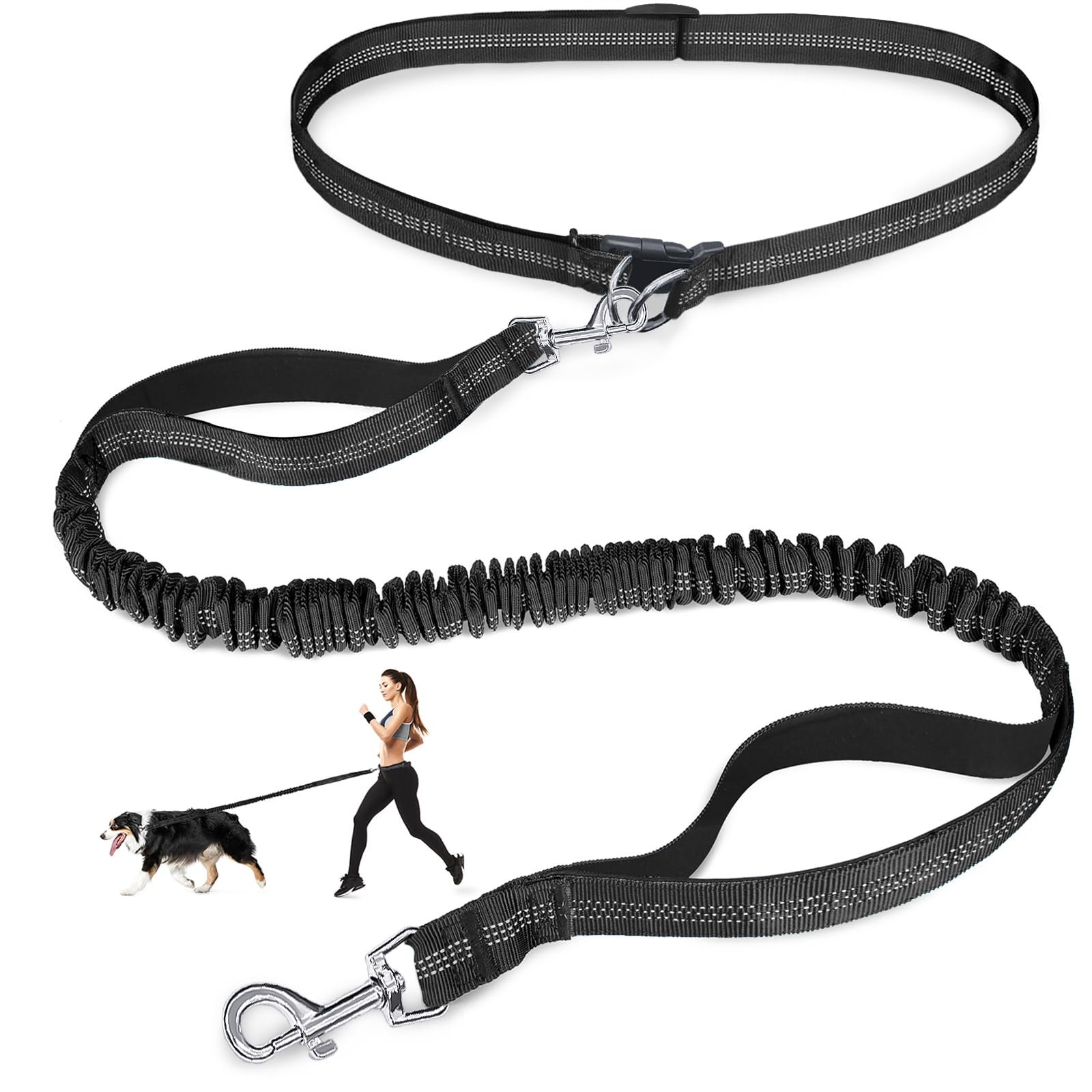 Laqibak Hands Free Dog Leash, Adjustable Waist Leash For Dog Walking, Dual Bungee 4.2-6.7 Feet Long With Reflective Stitches For