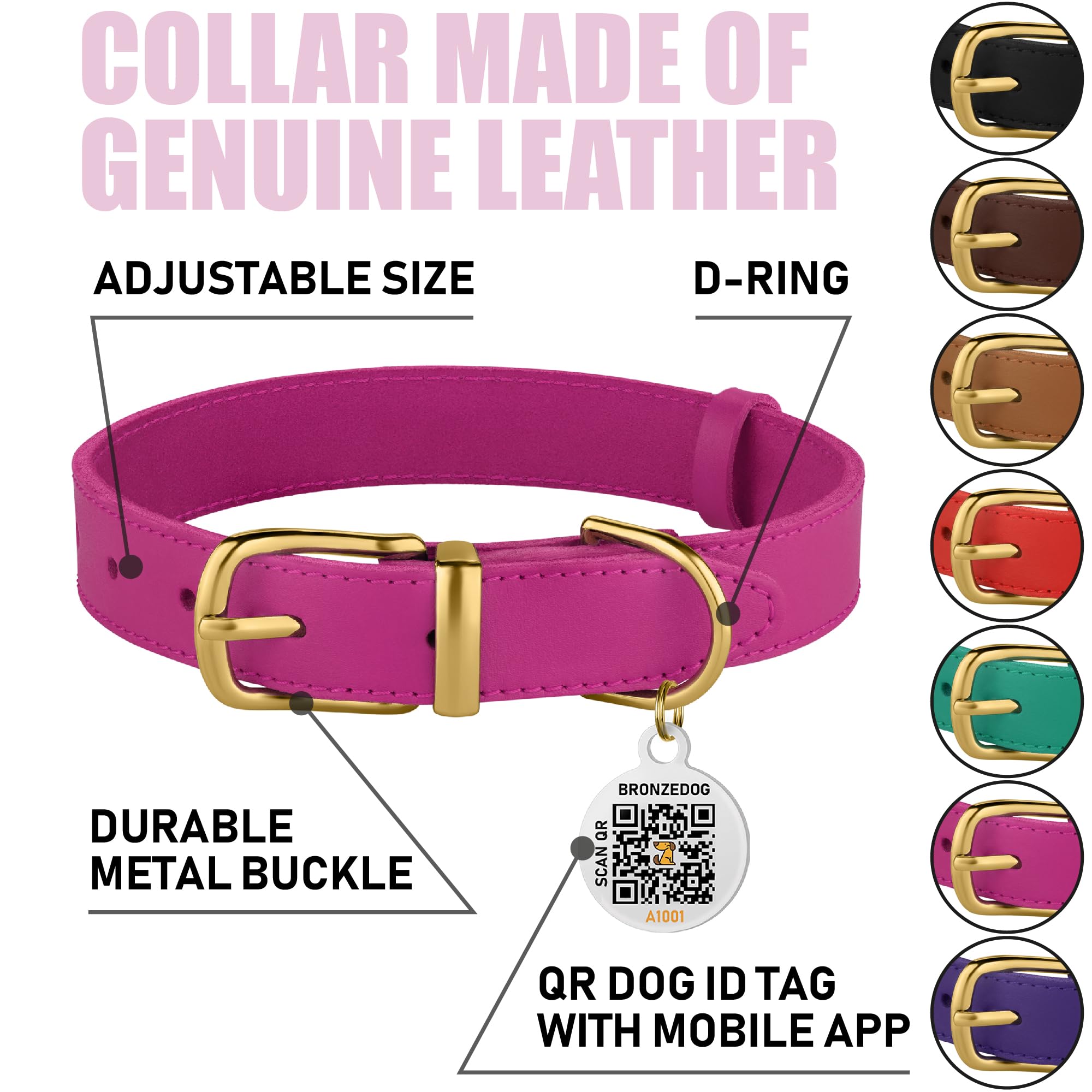 Bronzedog Leather Dog Collar With Qr Id Tag Basic Pet Collars For Small Mini Dogs Cats Puppies (7-9 Inch (Pack Of 1), Pink & Gol