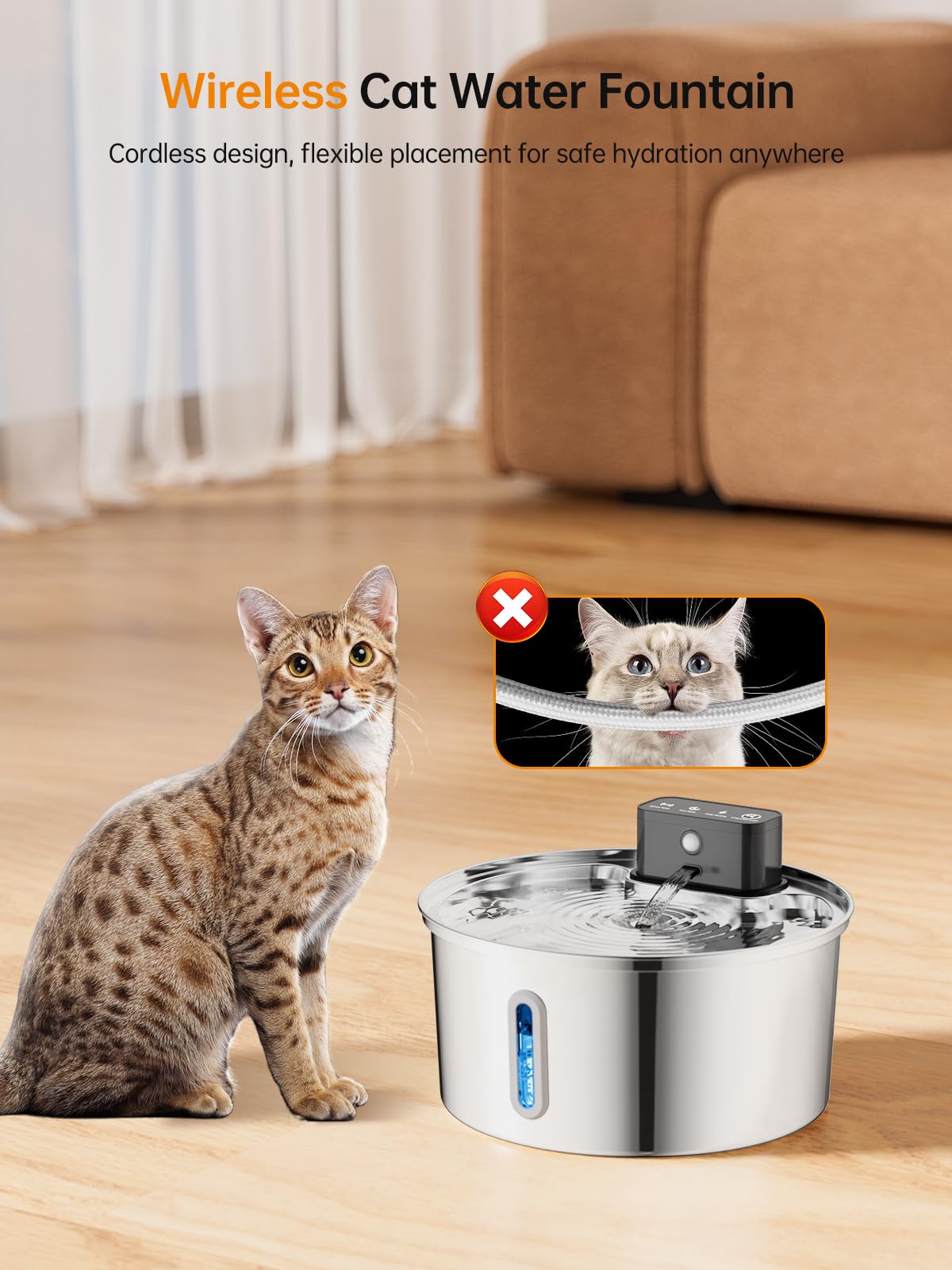 Wireless Cat Water Fountain, Stainless Steel Cordless Cat Fountain, 108Oz/3.2L Automatic Pet Water Fountain, 4000Mah Battery Ope