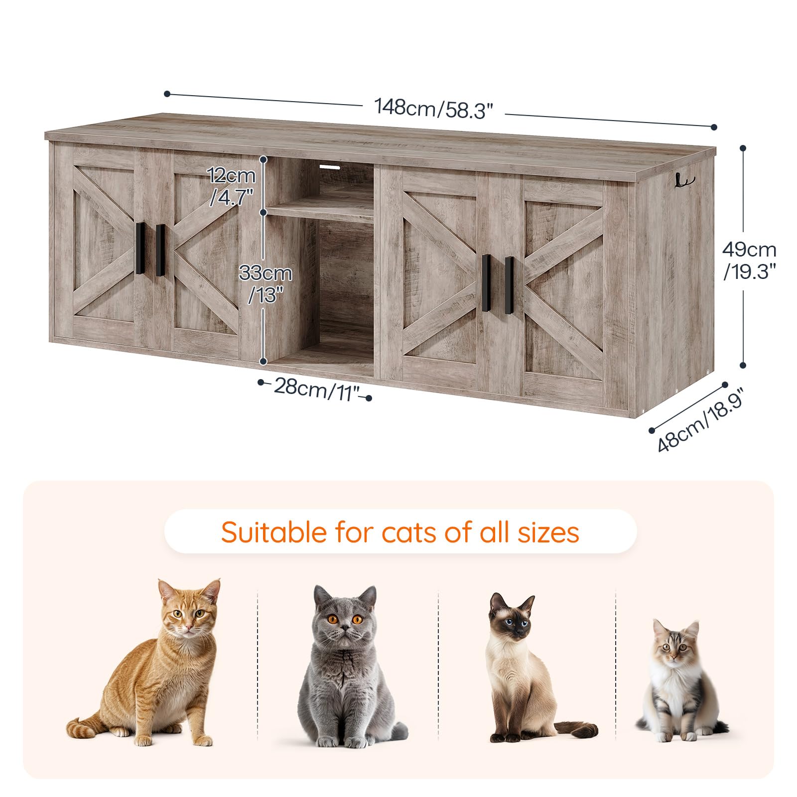 HOOBRO 58.3 Cat Litter Box Enclosure, Litter Box Furniture for 2 Cats, Hidden Litter Cabinet with Corridor, TV Stand with Storag