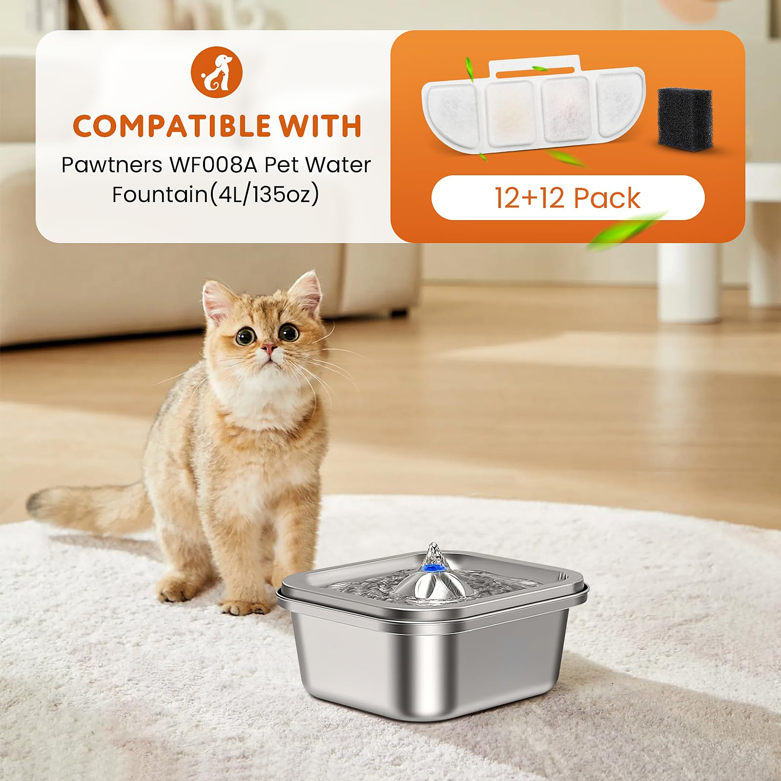 Ktnaid 12 Pack Replacement Filters Compatible With Pawtners Wf008A Pet Cat Dog Water Fountain (4L/135Oz), Refill Filters With 12