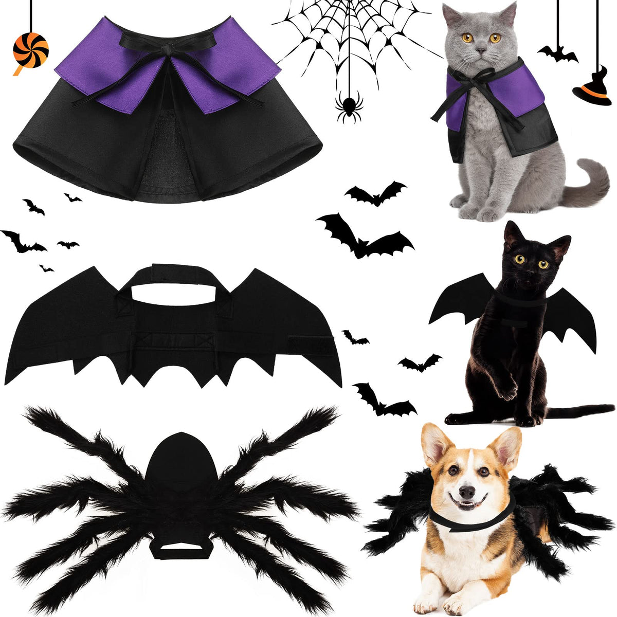 3 Piece Halloween Cat Dog Costume Set, Pet Bat Witch Vampire Pumpkin Cloak Giant Imitation Pet Spider Pets Costume Cosplay Accessories Halloween Pets Decoration For Dogs Puppy Cats (Cool,M)