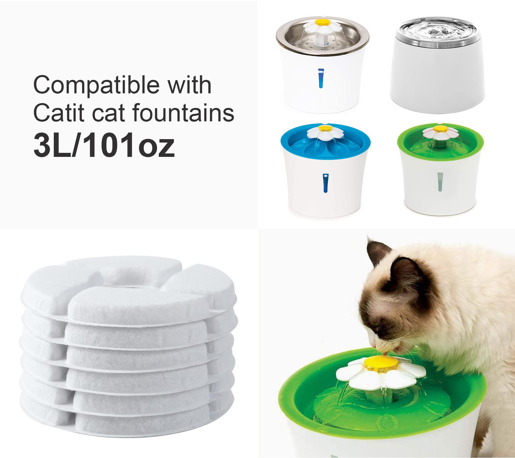 Pewingo Cat Water Fountain Replacement Filters, 6 Packs Pet Fountain Filters Triple Action With Resin And Activated Carbon Compatible For Cat Water Fountain 3L