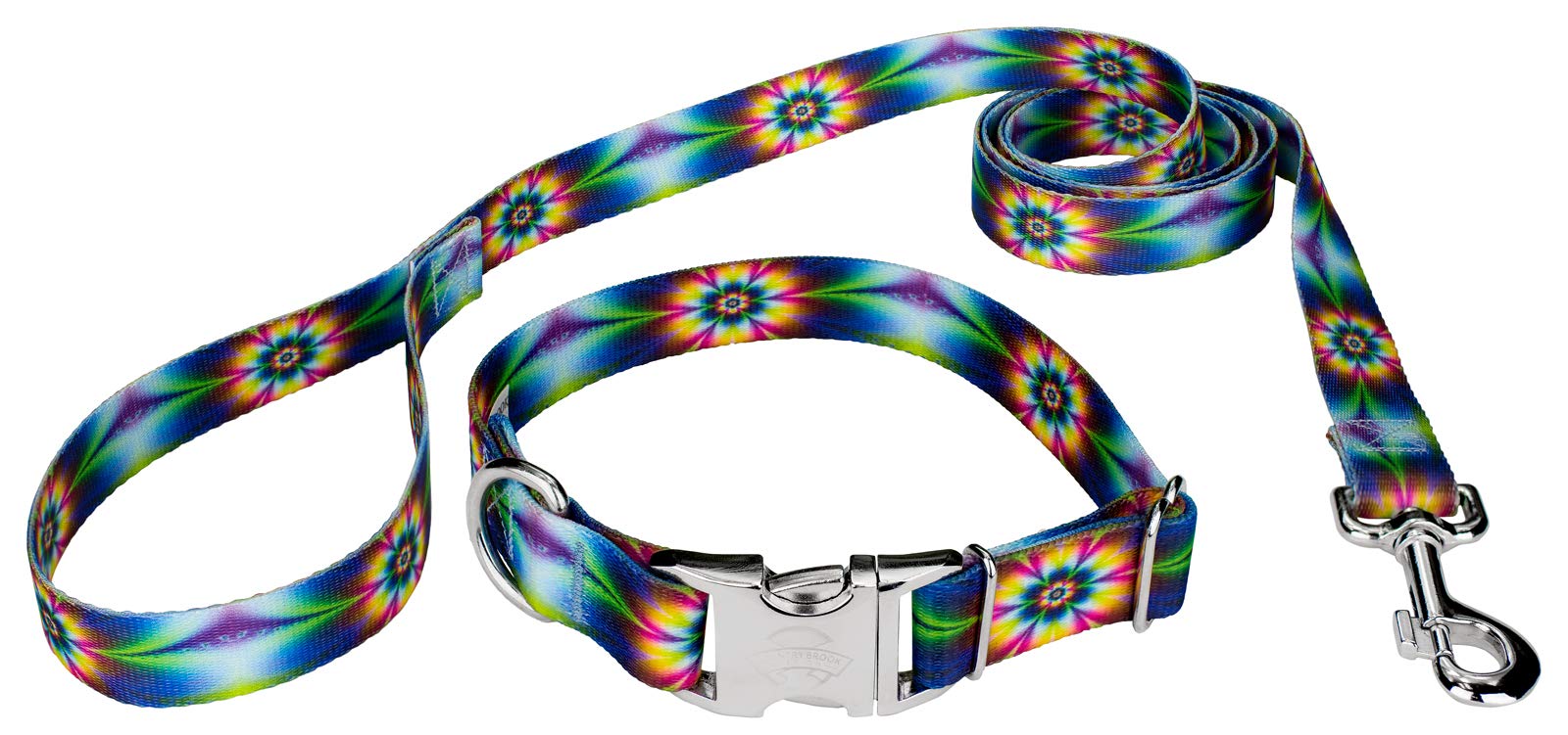 Country Brook Petz - Tie Dye Flowers Premium Dog Collar And Leash Set - Groovy Collection Featuring Far Out Designs (1 Inch, Med
