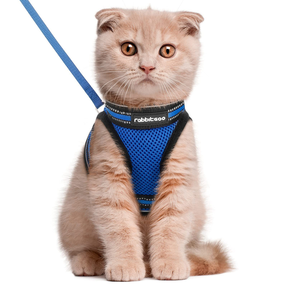 Rabbitgoo Cat Harness And Leash Set For Walking Escape Proof, Adjustable Soft Kittens Vest With Reflective Strip For Cats, Comfortable Outdoor Vest,Blue,L