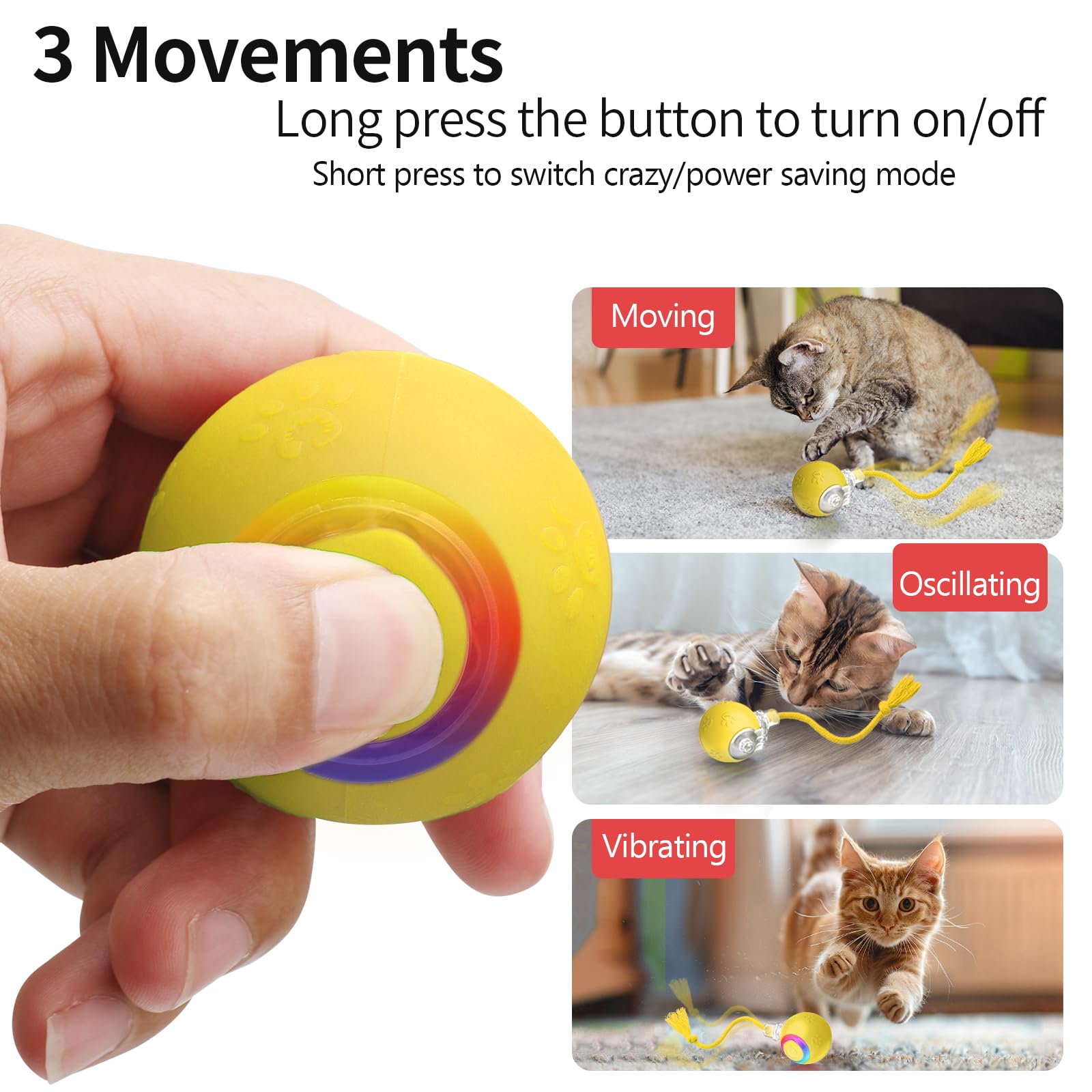Interactive Cat Toys Ball, Automatic Moving Cat Toys for Bored Indoor Adult Cats, Fast Rolling, Chirping & Motion-Activated Cat