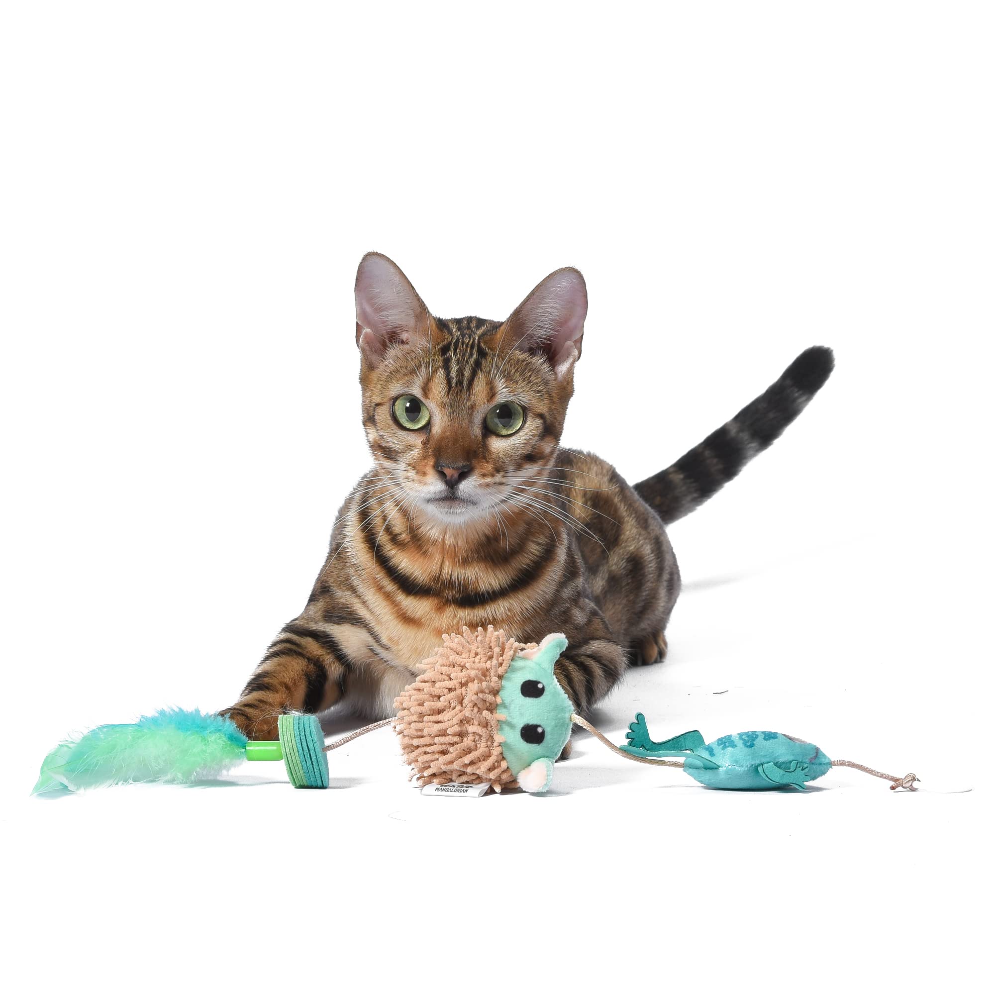STAR WARS Grogu Cat Toy Teaser - Plush, Feathers & Pom Poms, 5 Inch - Interactive Bouncy Exercise Toy for Cats, 3 Pack
