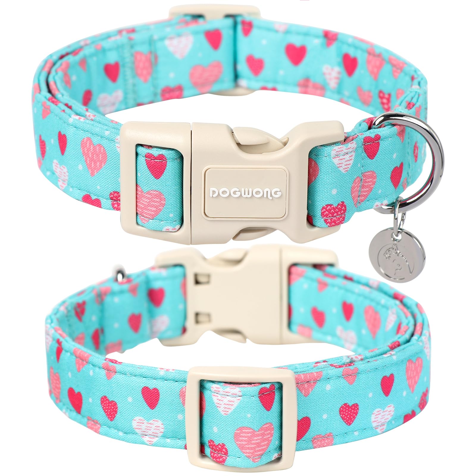 Dogwong Valentine'S Dog Collar - Blue Heart Adjustable Cotton Heart Dog Collar - Perfect For Medium & Large Dogs
