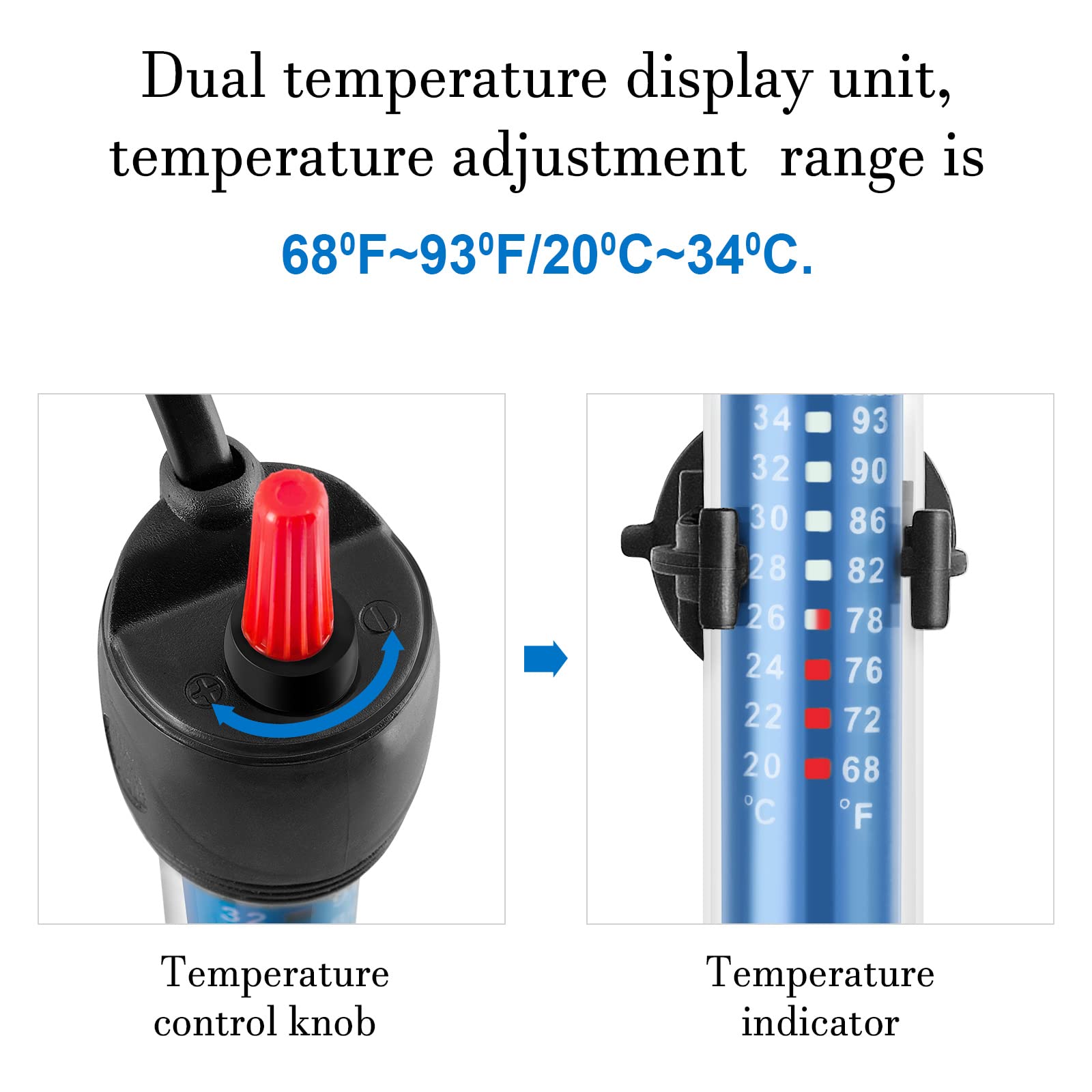 Hitop 50W/100W/300W Adjustable Aquarium Heater, Submersible Glass Water Heater For 5 - 70 Gallon Fish Tank (300W)