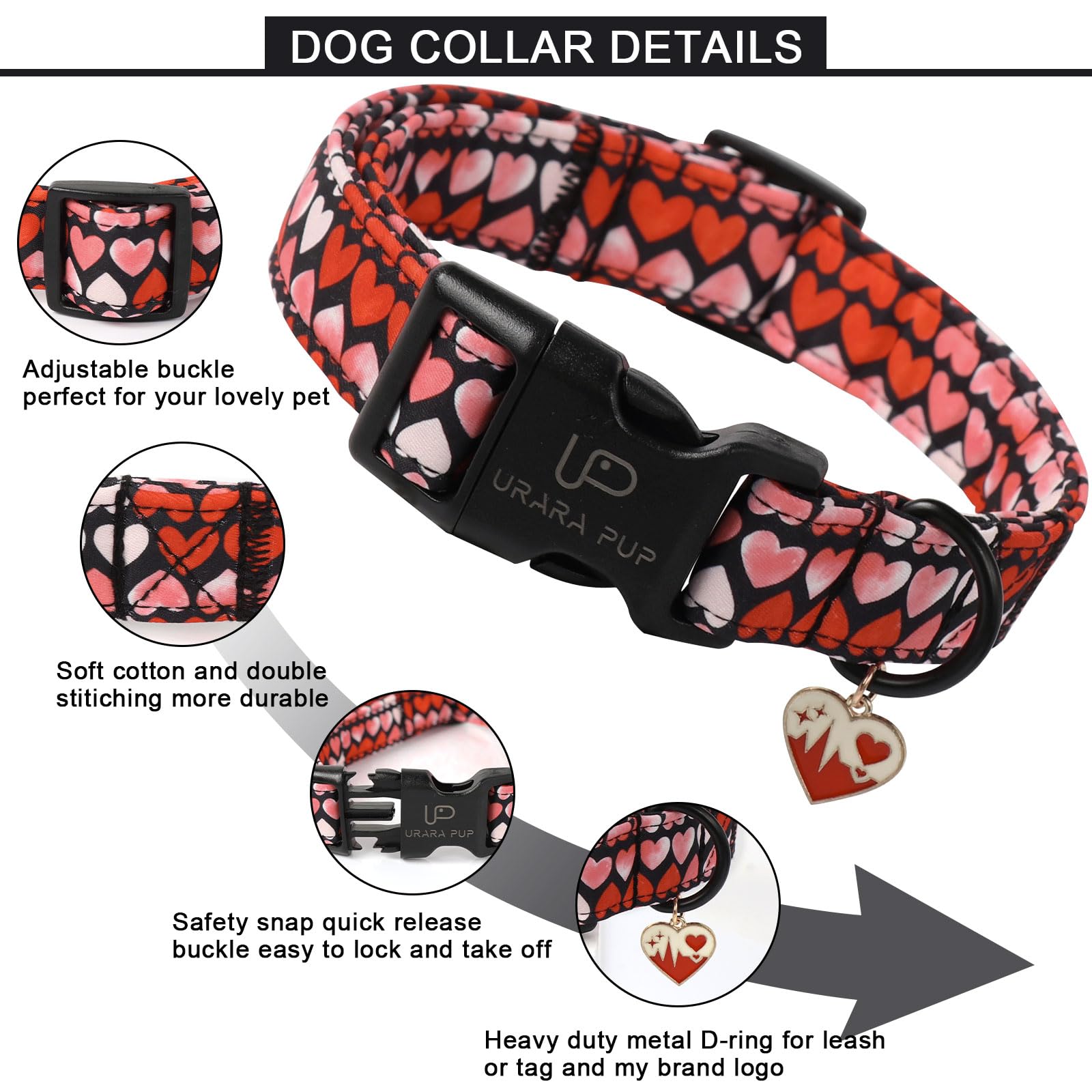 Up Urara Pup Valentines Dog Collar, Pink Heart Dog Collar With Quick Release, Sweet Valentines Gift Soft Cotton Collar Pet Girl