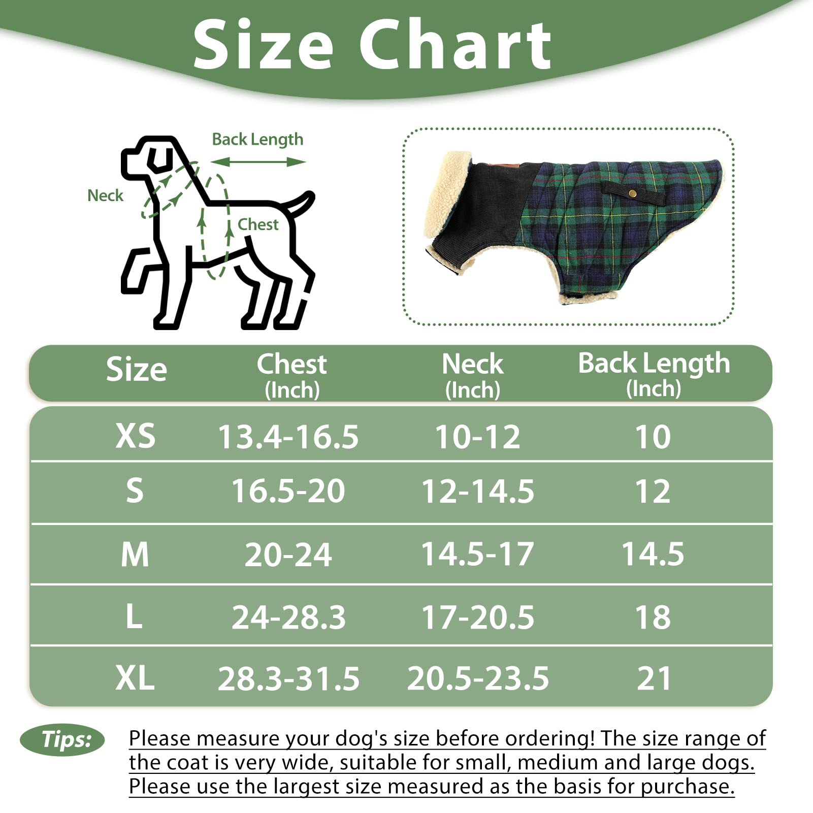 Preferhouse Winter Coat For Small And Medium Dogs, Puppy Plaid Jacket, Cotton Coat For Cold Weather, Windproof Warm Dog Garments, Pet Thickened Outfits Indoor Outdoor, Green Xs