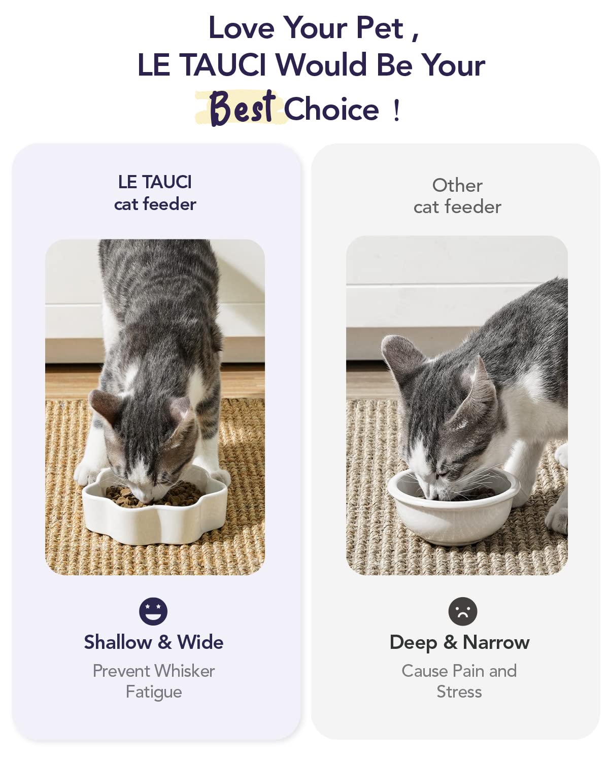 Le Tauci Cat Bowls: Shallow Ceramic Cat Dishes, 8 Oz, Relief Whisker Fatigue, Paw Shaped Kitten Bowls & Water Dish