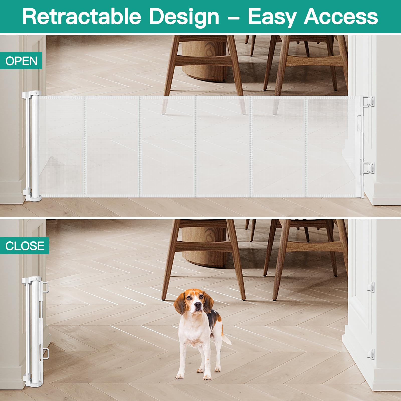 24 Inch Tall x 110 Inch Extra Wide Retractable Dog Gate for The House, Short Baby Gate to Step Over, Reinforced Mesh Puppy Gate