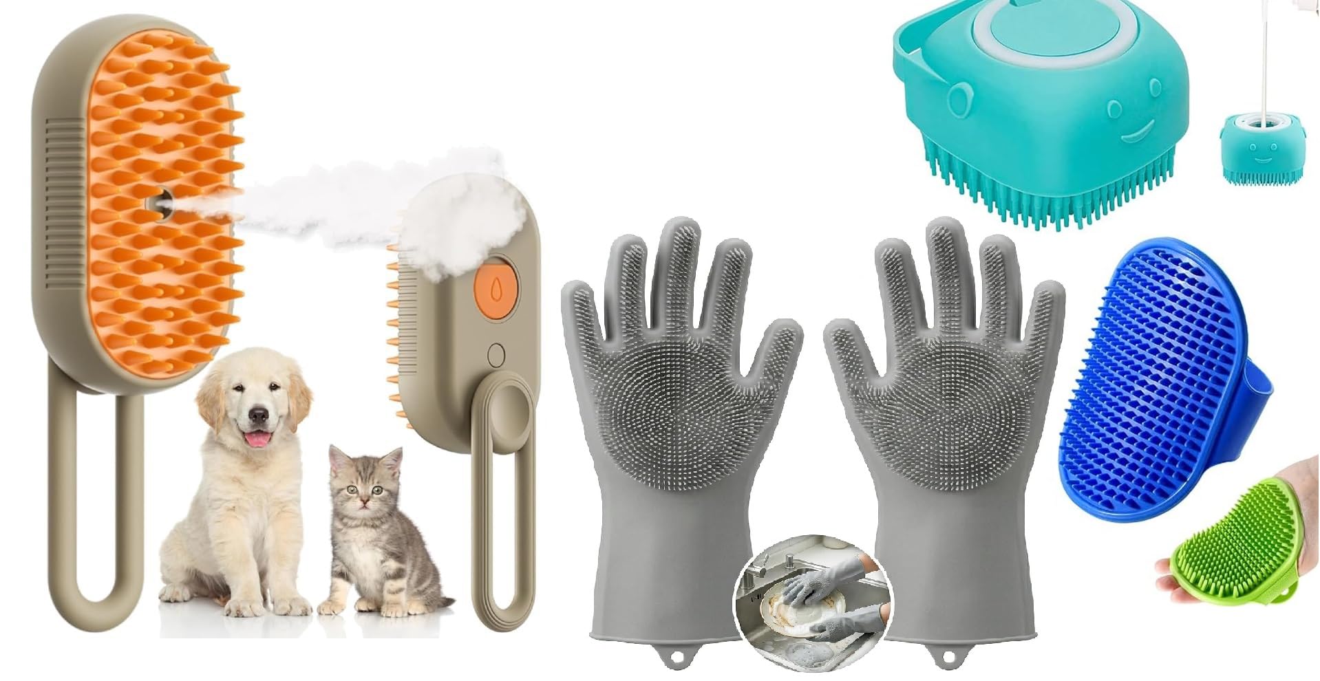 Bekin 4In1 Pet Grooming Set  Bath Brush Steam Brush 3 In 1 Water Brush Brush + Silicone Bath & Massage Tool + Adjustable Rubber