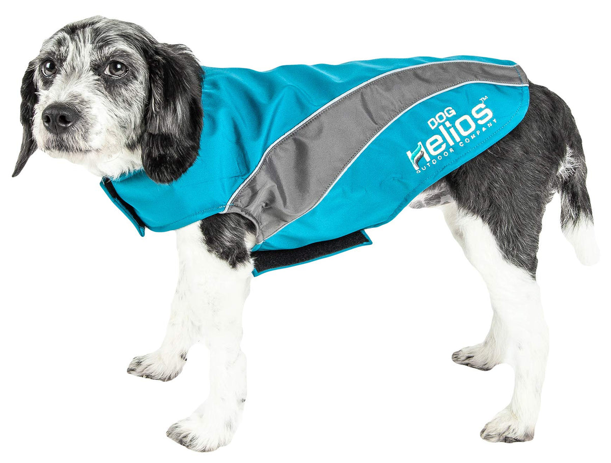 DOGHELIOS 'High Octane' Softshell Neoprene Polar Fleece Reflective Performance Pet Dog Coat Jacket w/ Blackshark technology, Small, Blue, Grey