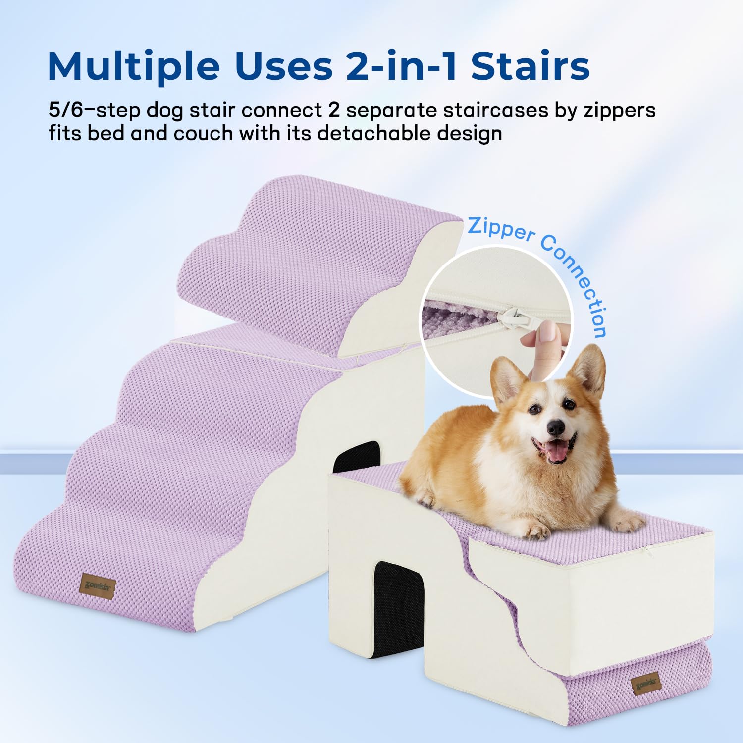 ZOMISIA Dog Steps for High Beds - 5 Step 23.8 Pet Stairs with Tunnel 2 in 1 with Zippers Suitable for Small Dogs and Cats, Indoo