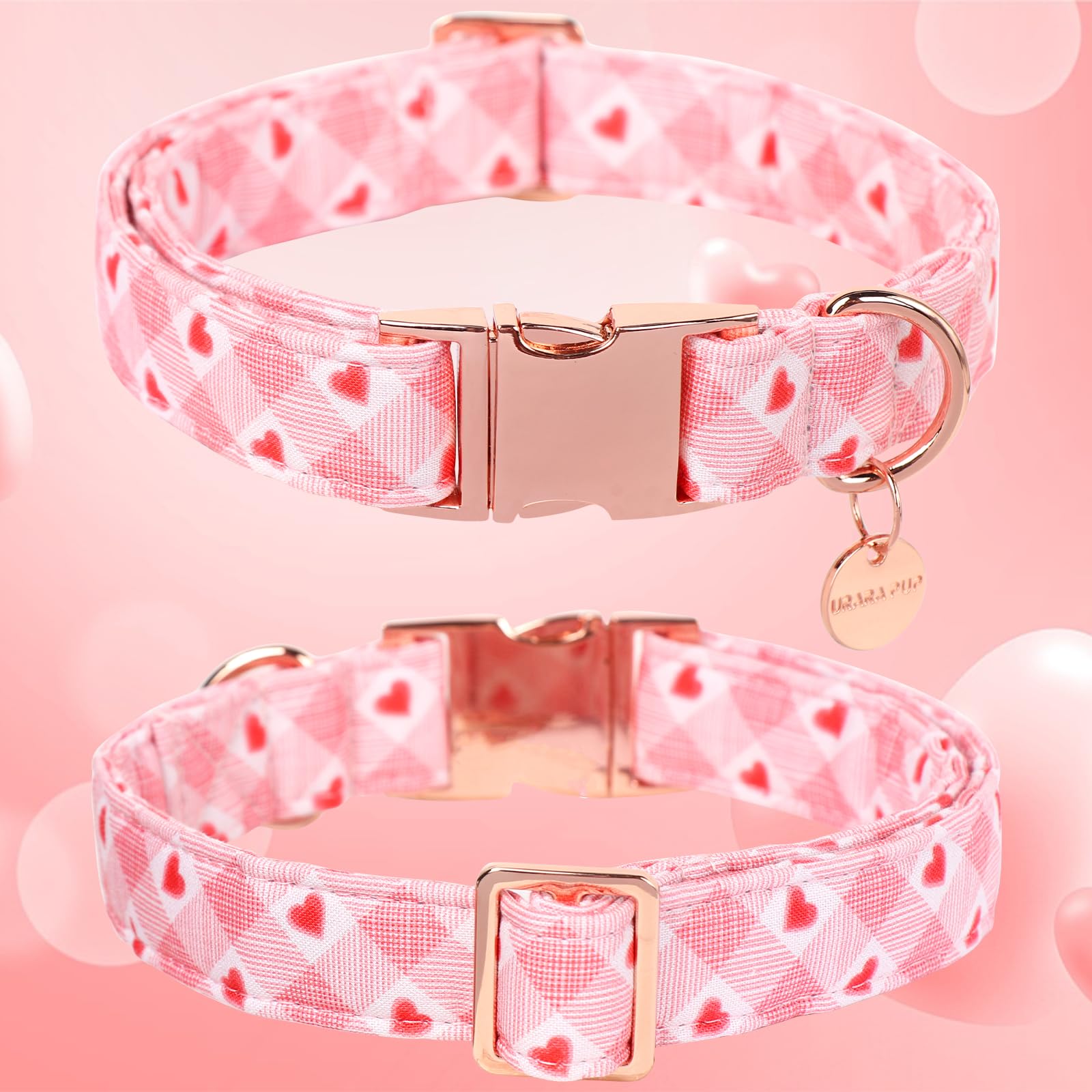 Up Urara Pup Valentine'S Dog Collar, Pink Heart, Adjustable Size, Premium Cotton, Metal Buckle, L