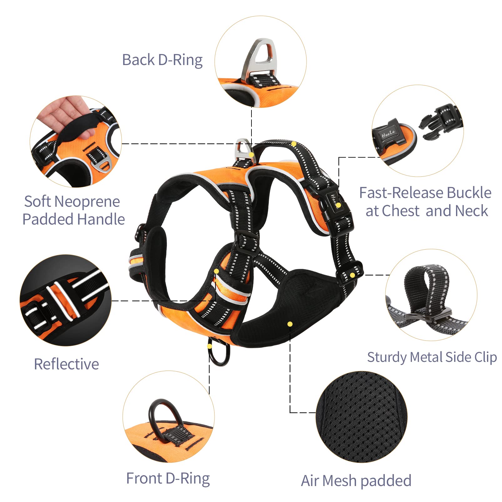 HEELE Dog Harness - No Pull Adjustable, Padded, Reflective, Large, Orange, Model: Harnais Chien, Durable Nylon & Oxford Material
