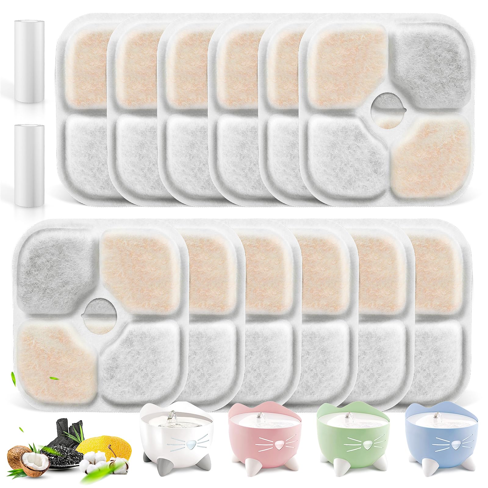 KTNAid 12 Pack Pet Fountain Filters for Catit PIXI Cat Drinking Fountain, Replacement Triple Action Water Filter with Ion-Exchan