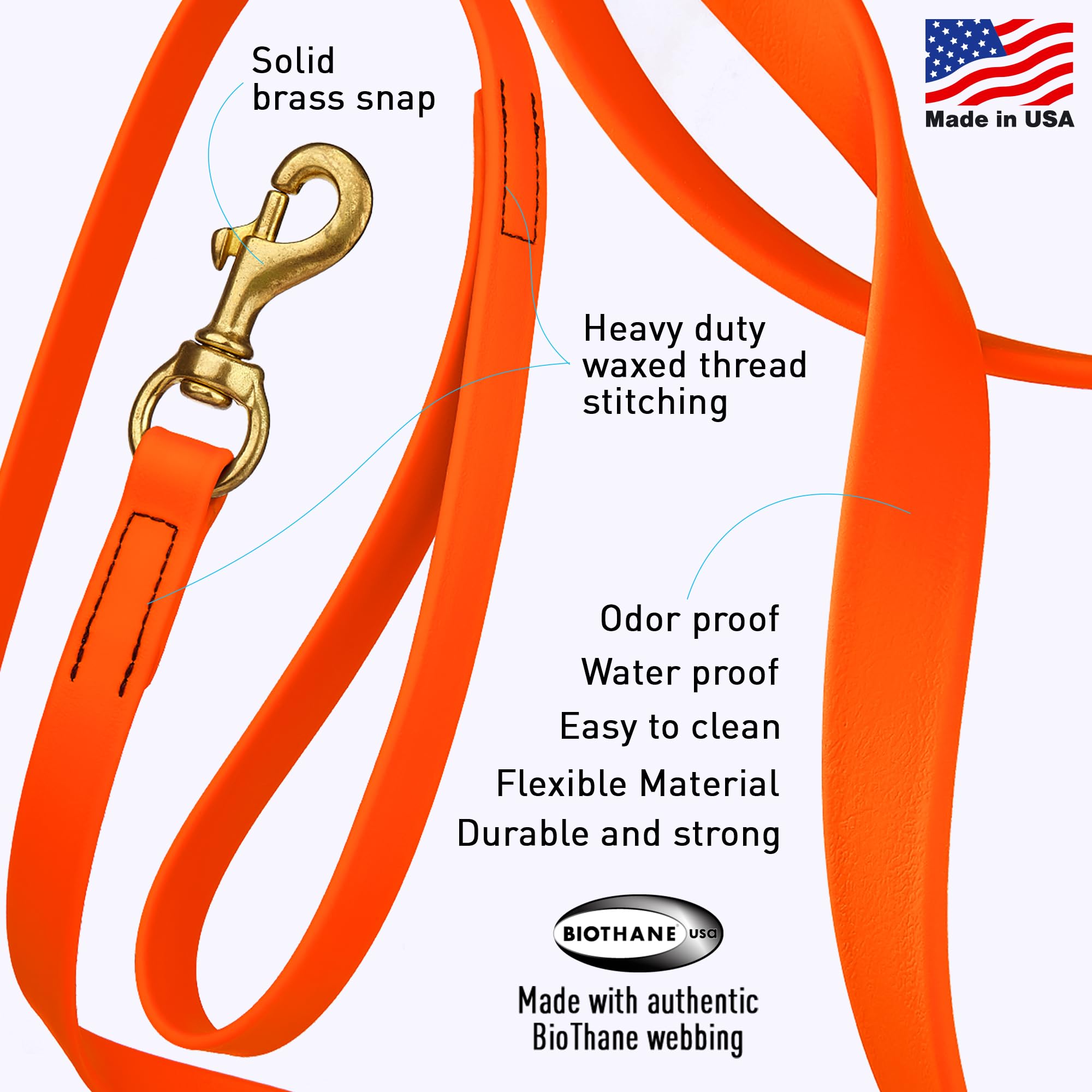 Viper Biothane Working Tracking Lead Leash Long Line For Dogs 2 Colors And 6 Sizes, Hunter Orange, 5/8'' X 15Ft,
