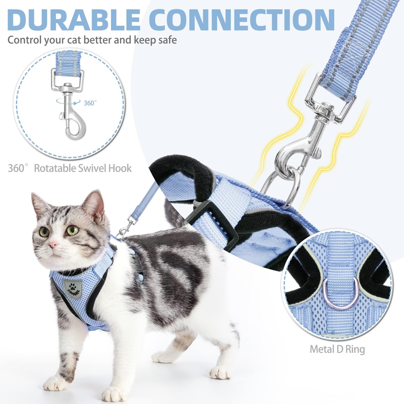 Pupteck Cat Harness And Leash Set Escape Proof Reflective Cat Walking Harness Adjustable Soft Breathable Mesh Vest For Small Pets, Sky Blue, M