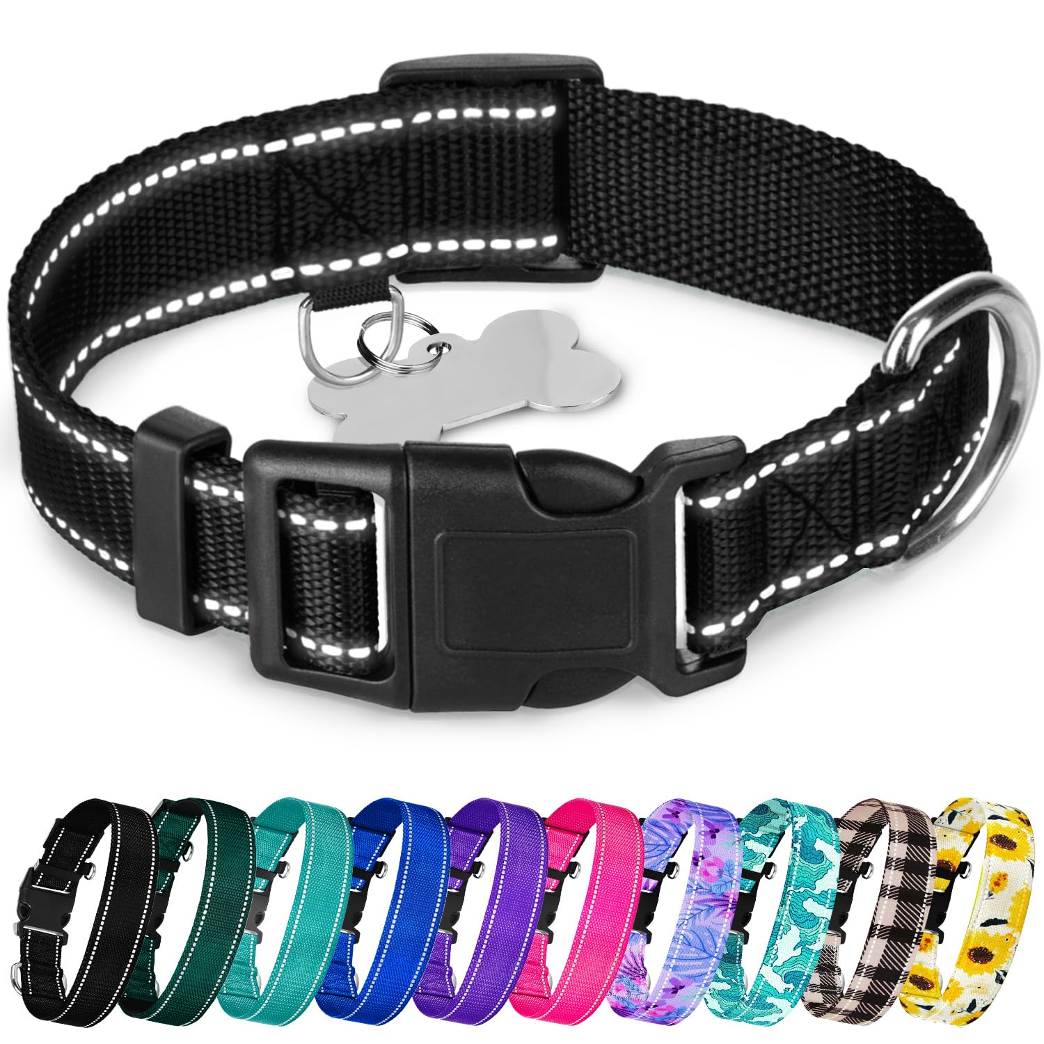 Teceum Reflective Dog Collar - Black - S - Basic Nylon Pet Collar - Quick Release Buckle - Fits Small, Medium And Large Dogs, Pu